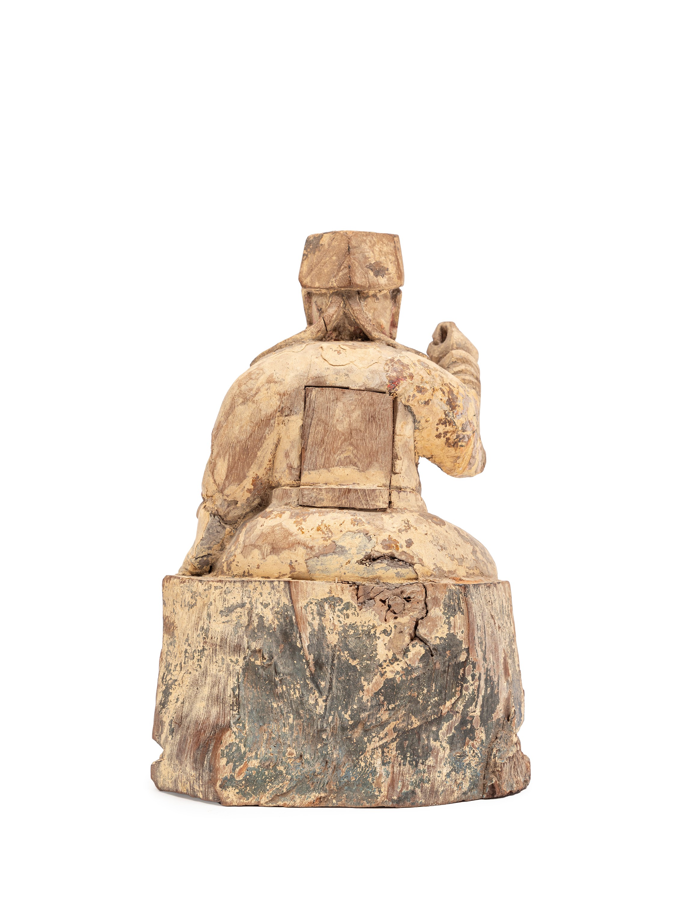 Cina, scultura in legno policromo, figura di dignitario seduto (dinastia Qing, XVIII secolo)
