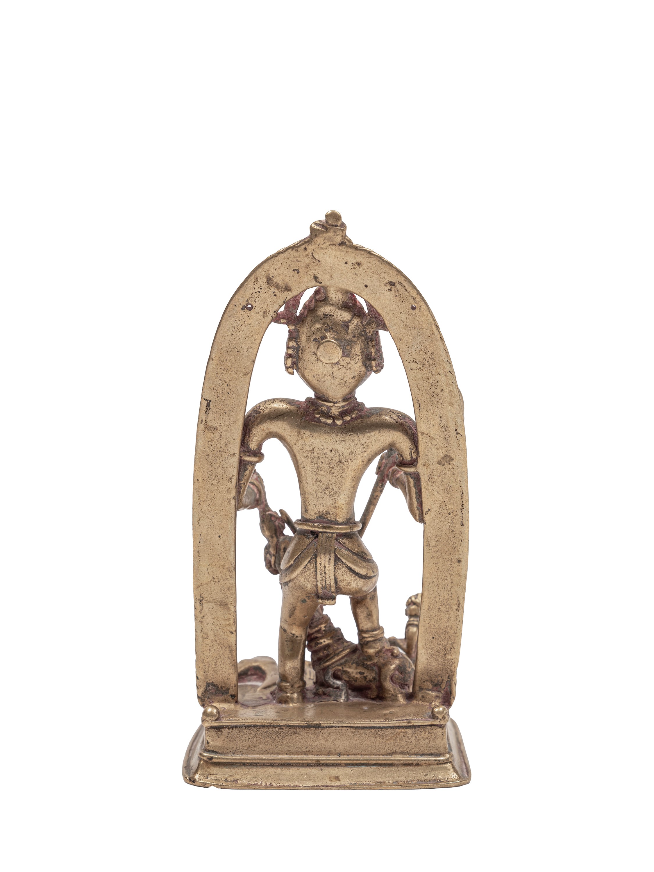 India, XIX secolo, Altare domestico in lega di bronzo raffigurante Mahishasuramardini (Durga) con...