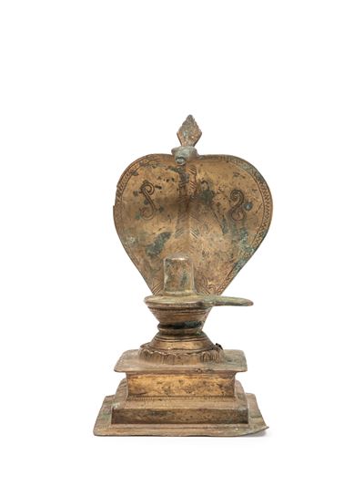 India, XIX secolo, Cobra naga con lingam, in lega di bronzo