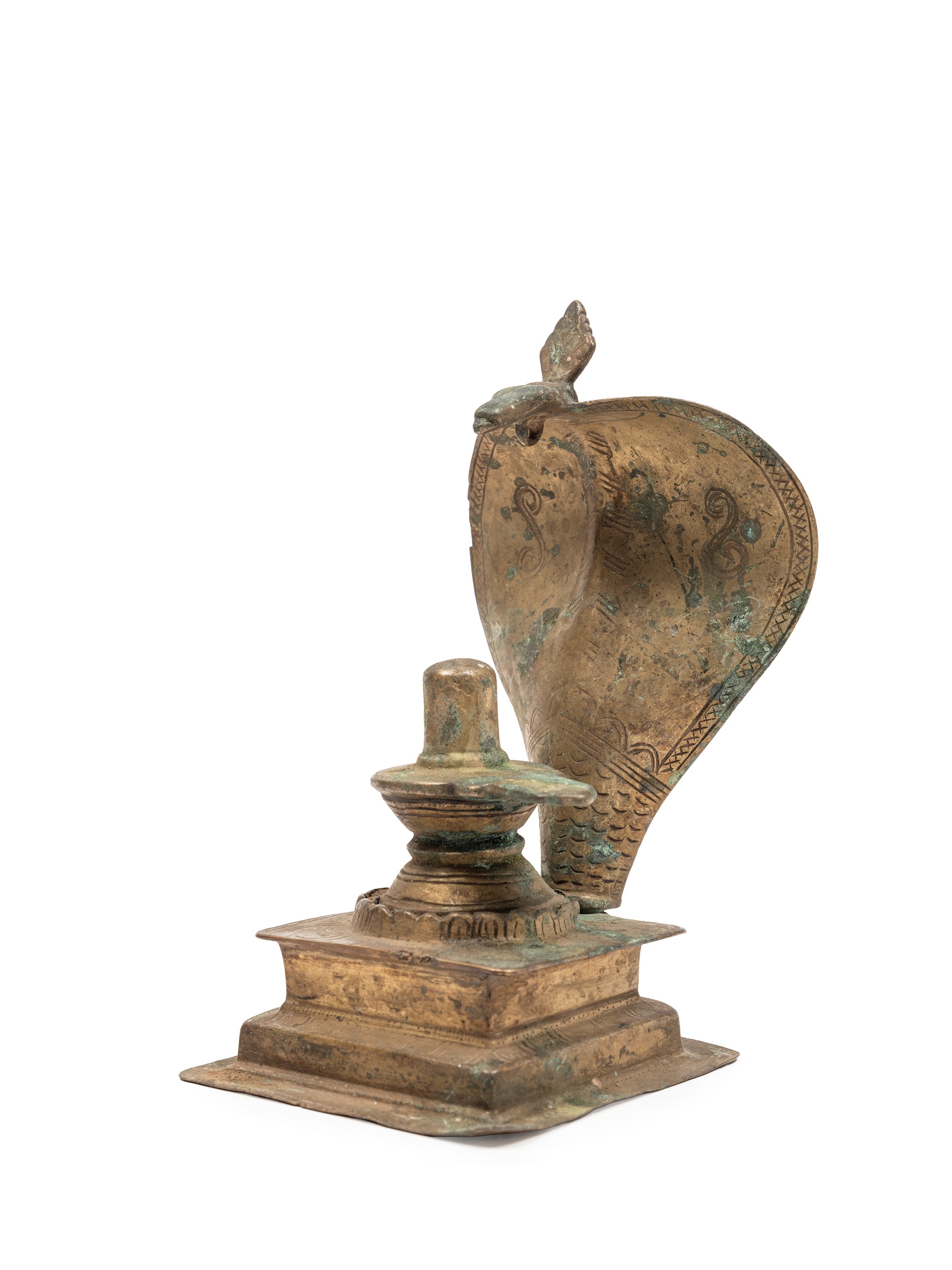 India, XIX secolo, Cobra naga con lingam, in lega di bronzo