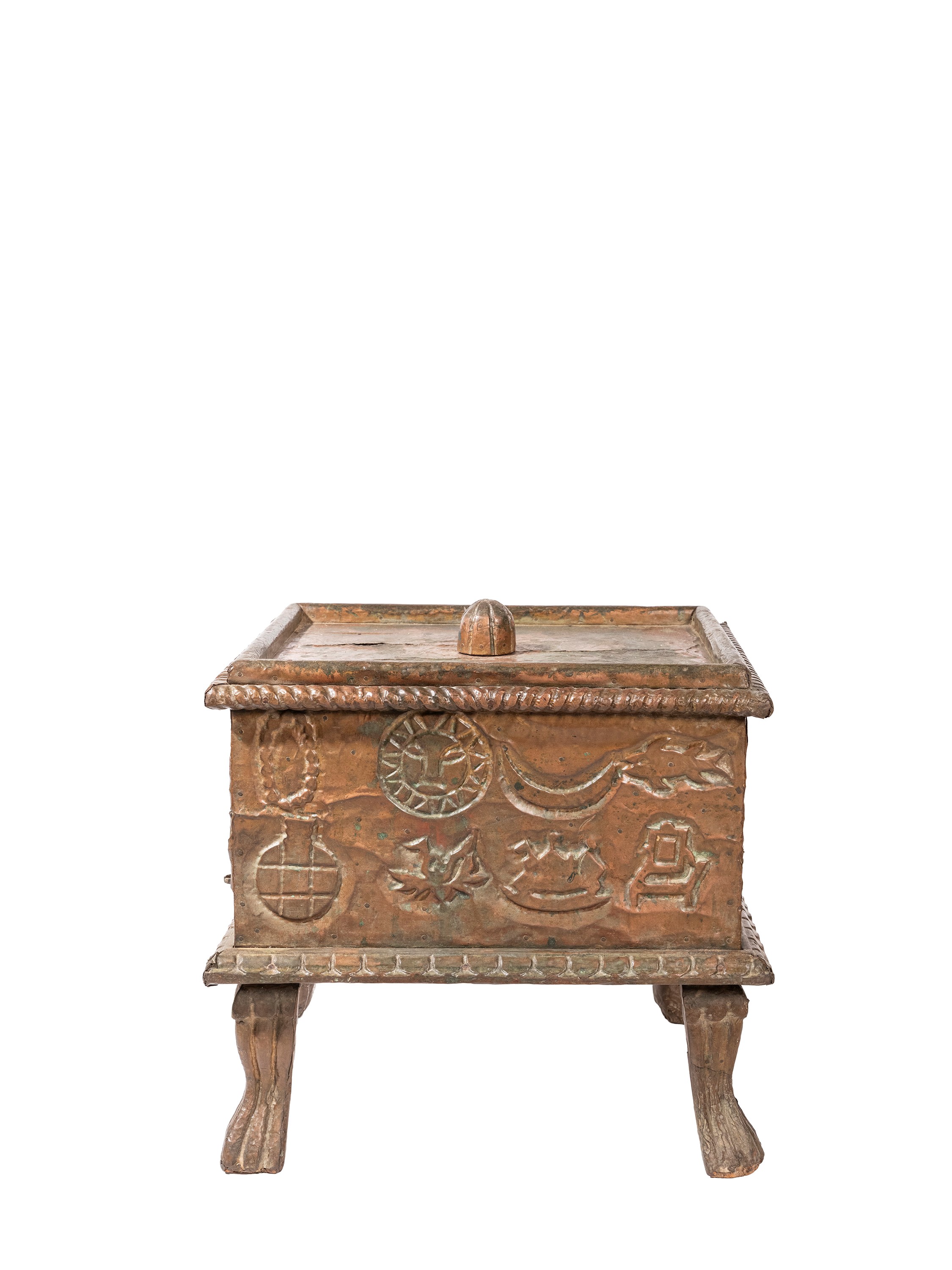 Elemosiniere per offerte templari, lamina di bronzo martellata a mano, India, XVIII / XIX secolo