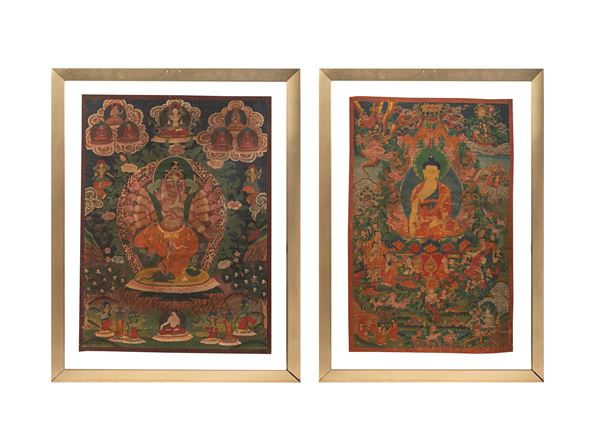 DUE THANGKA DIPINTI SU SETA