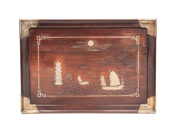 A RECTANGULAR WOODEN SILVER TRAY