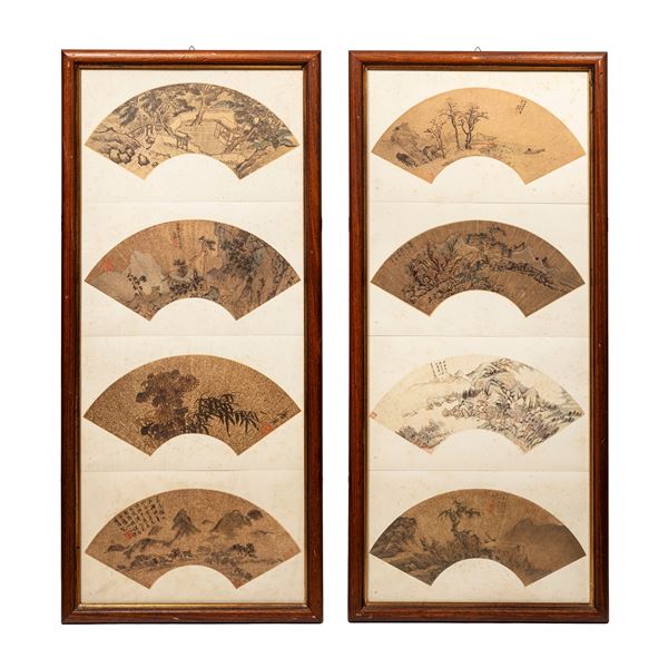 EIGHT PAINTED PAPER FANS