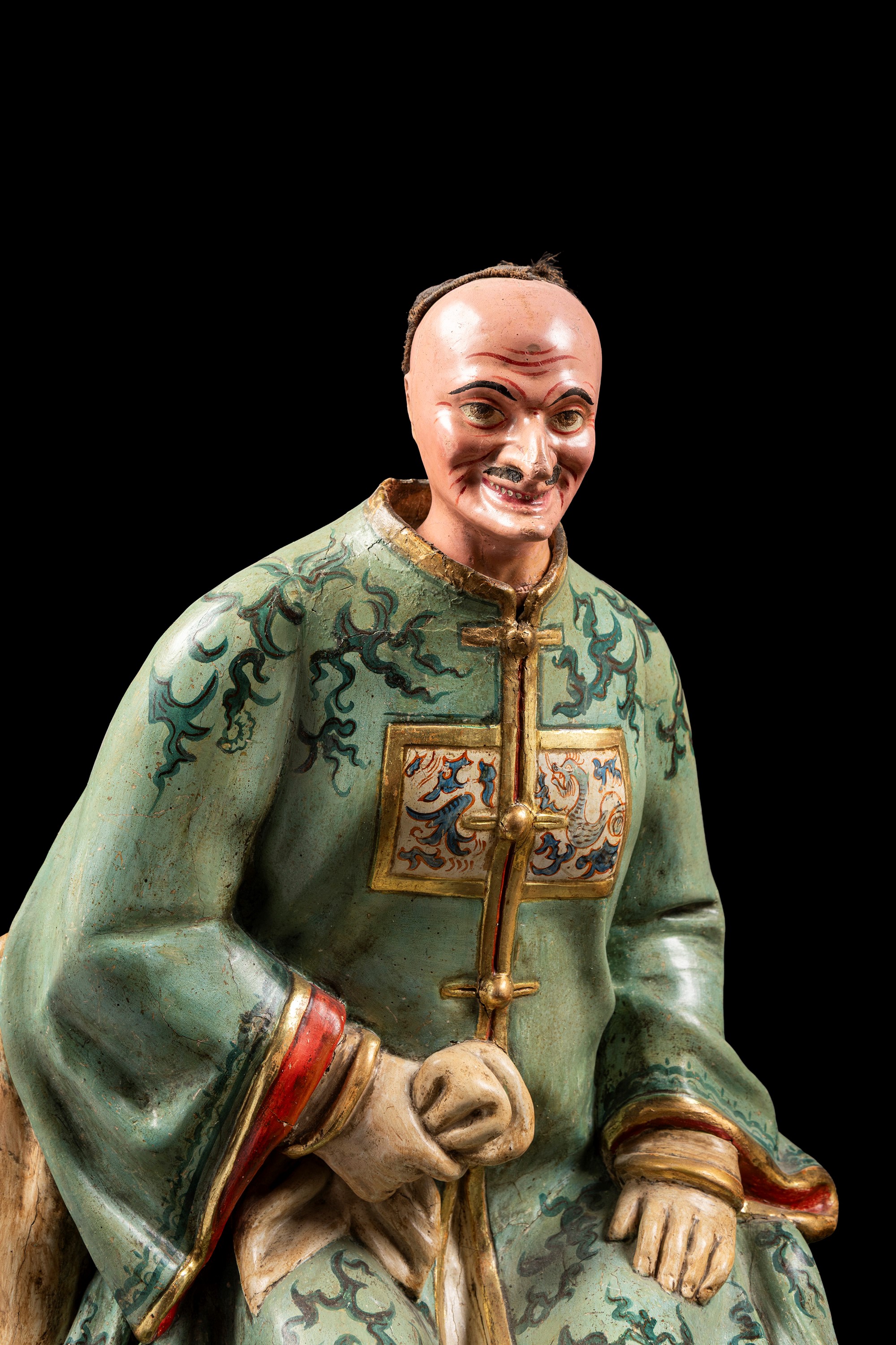 Coppia di magots in cartapesta policroma e laccata, Piemonte, inizio XIX secolo