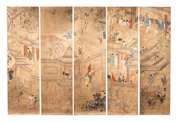 A SET OF FIVE LARGE PANELS IN PAINTED PAPER