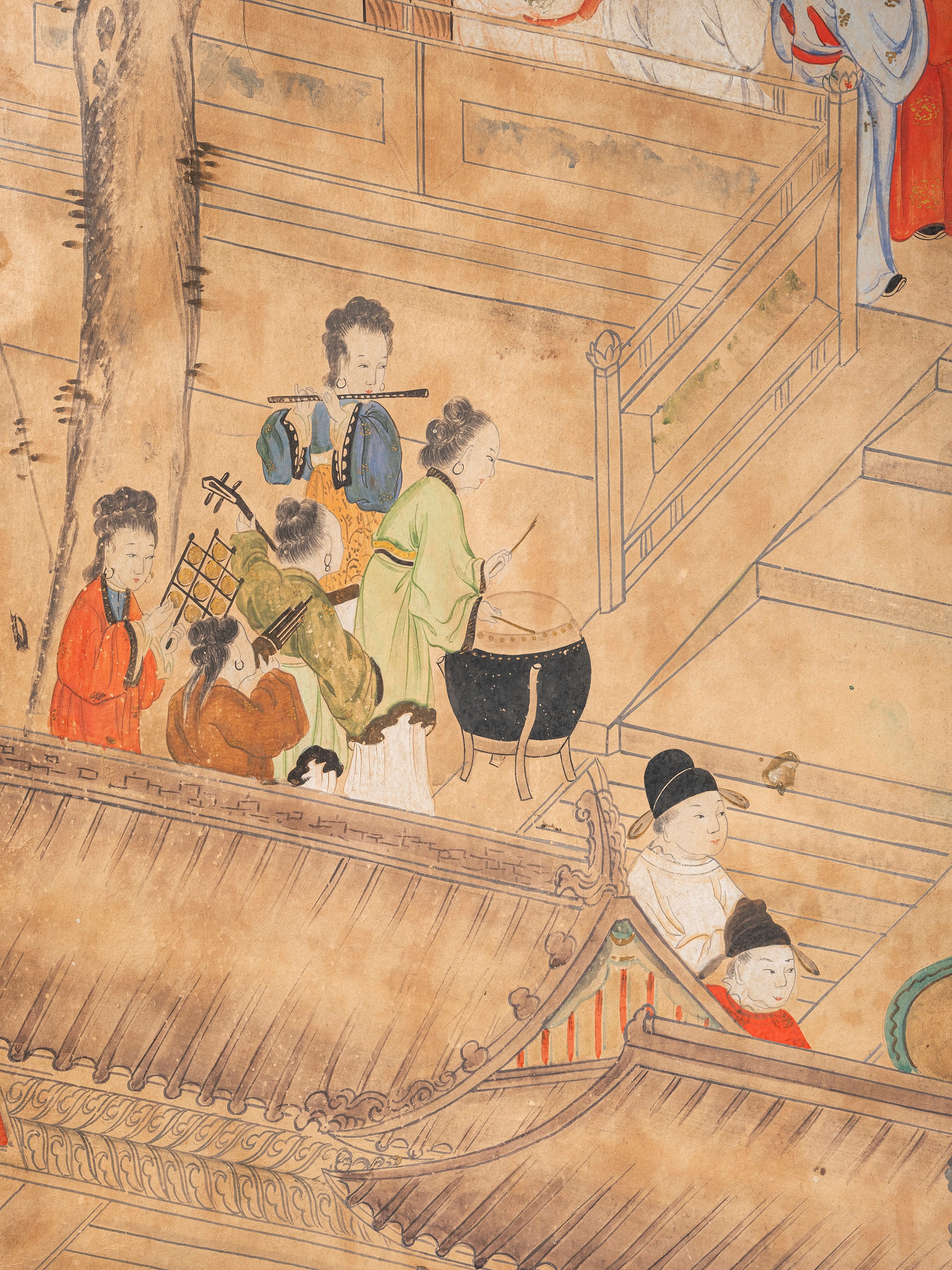 Cina (dinastia Qing, 1644-1911), Set di cinque grandi pannelli in carta dipinta con scene di cort...