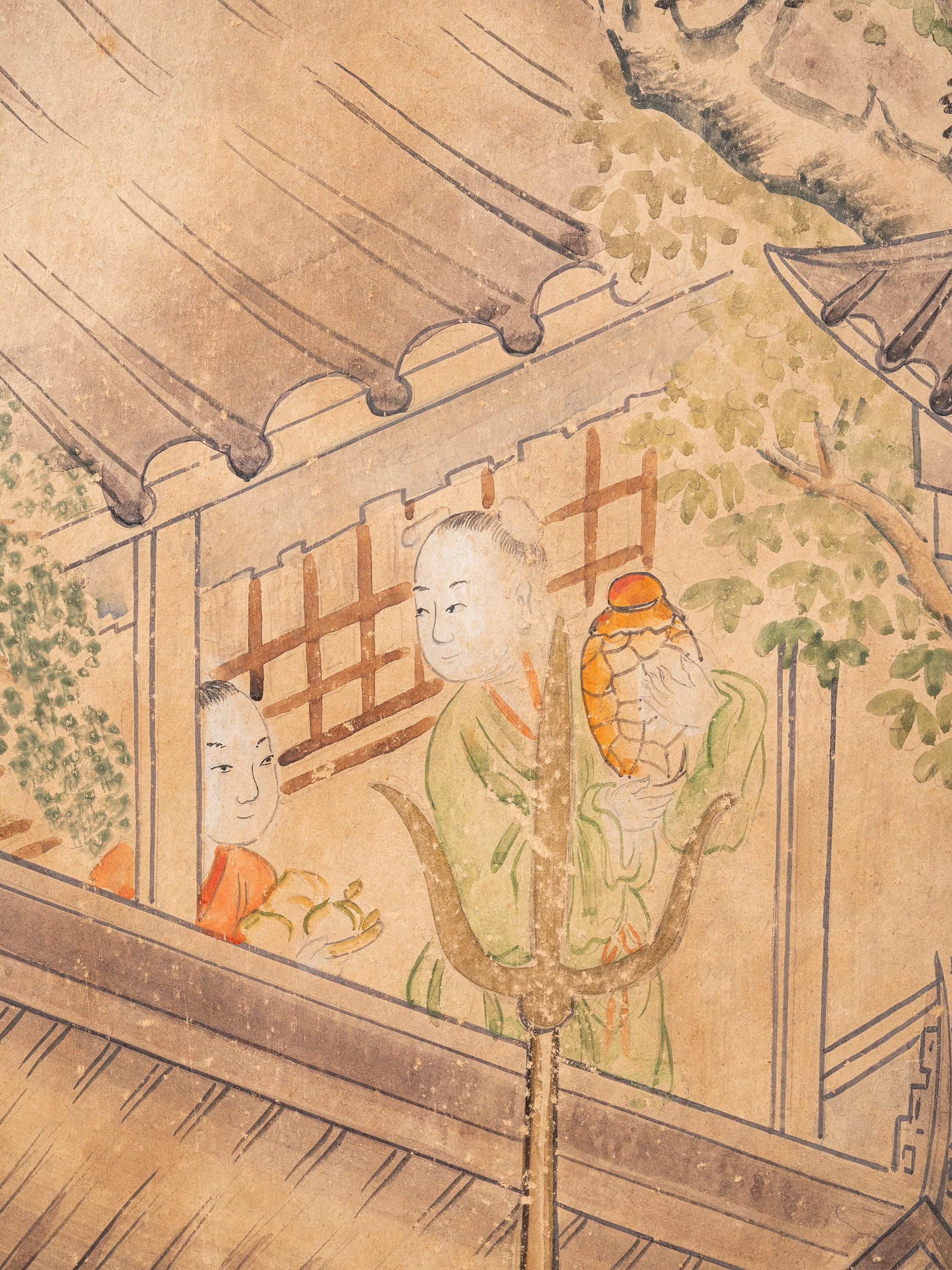 Cina (dinastia Qing, 1644-1911), Set di cinque grandi pannelli in carta dipinta con scene di cort...