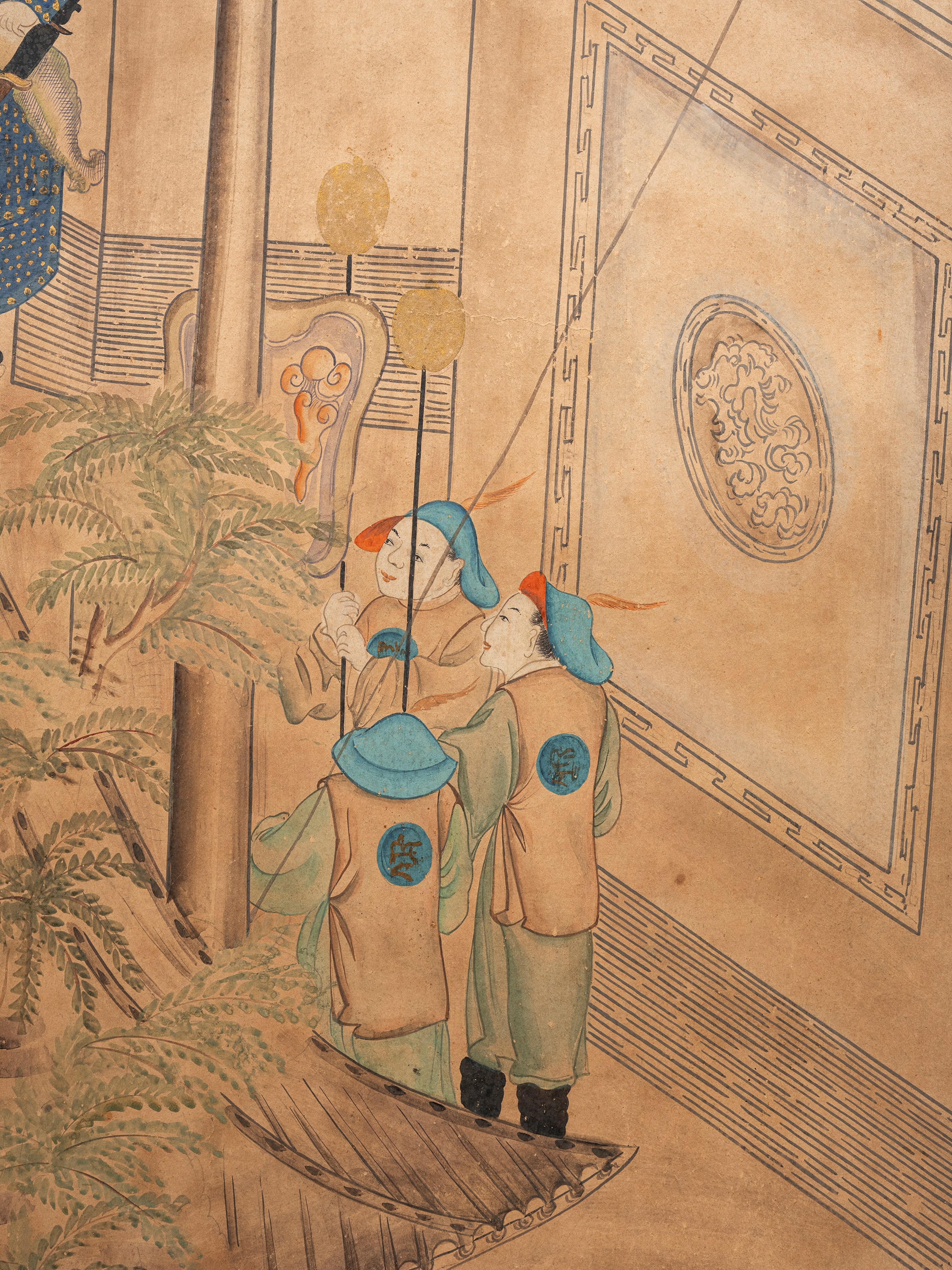 Cina (dinastia Qing, 1644-1911), Set di cinque grandi pannelli in carta dipinta con scene di cort...