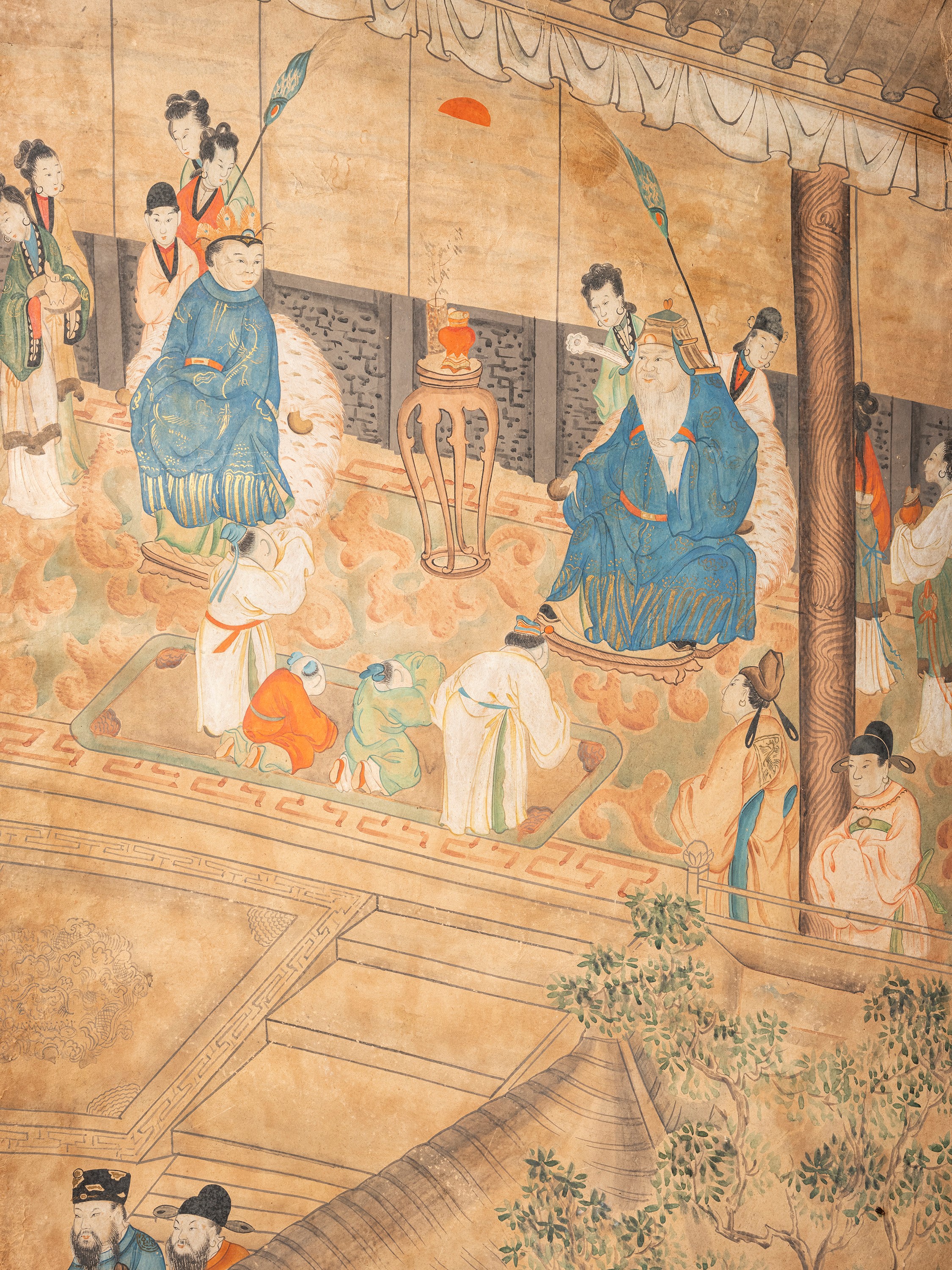 Cina (dinastia Qing, 1644-1911), Set di cinque grandi pannelli in carta dipinta con scene di cort...