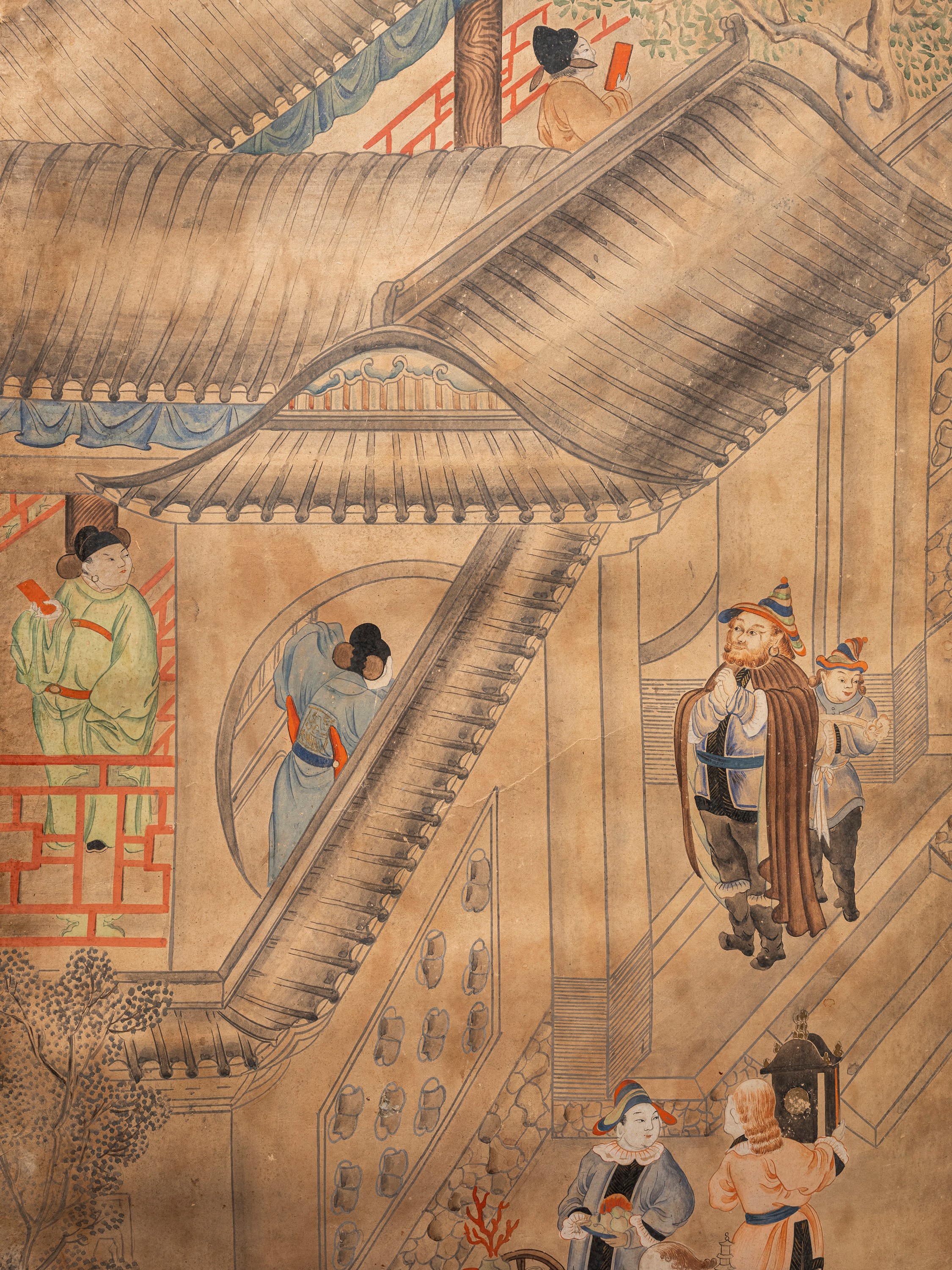 Cina (dinastia Qing, 1644-1911), Set di cinque grandi pannelli in carta dipinta con scene di cort...