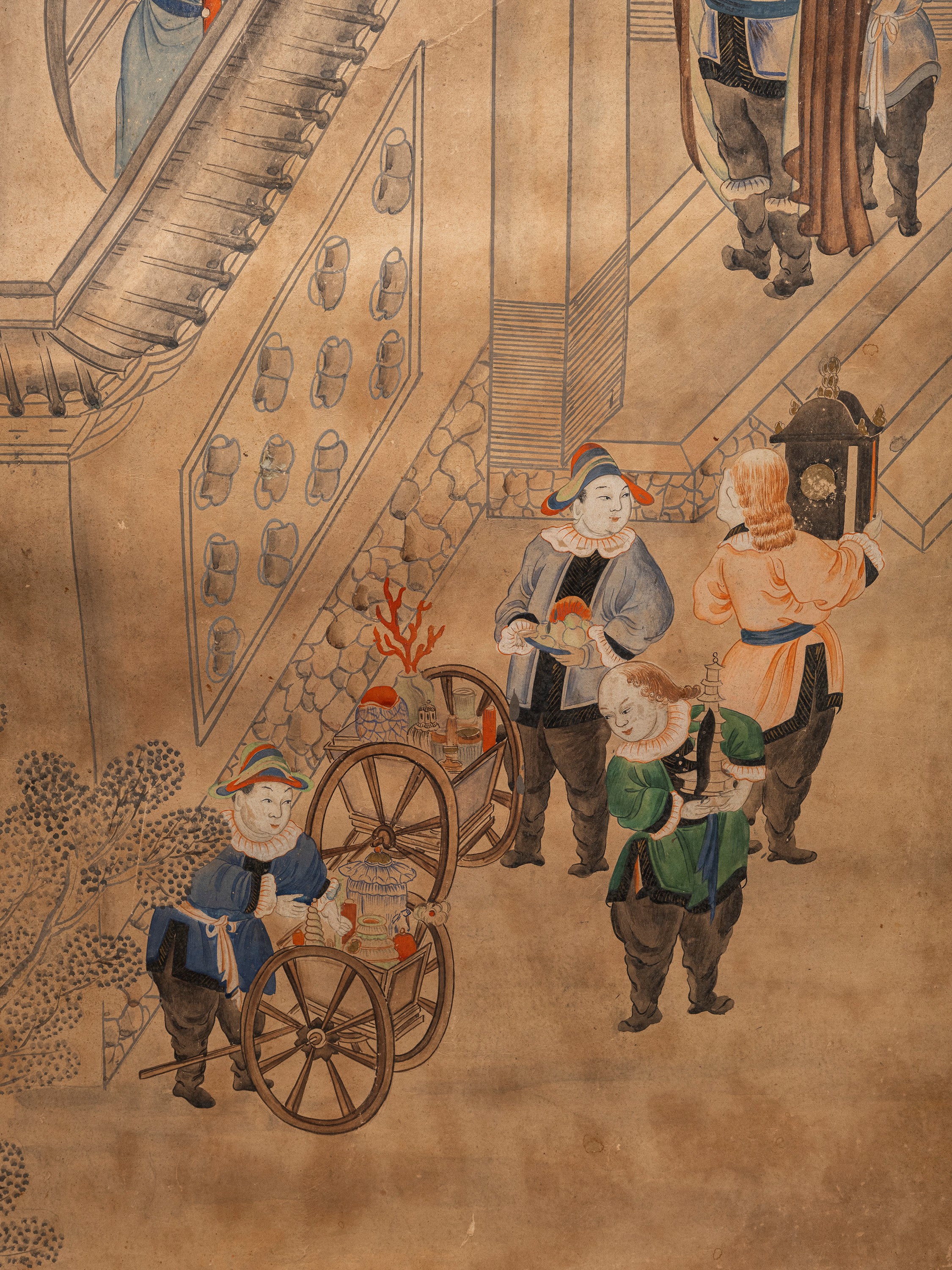 Cina (dinastia Qing, 1644-1911), Set di cinque grandi pannelli in carta dipinta con scene di cort...