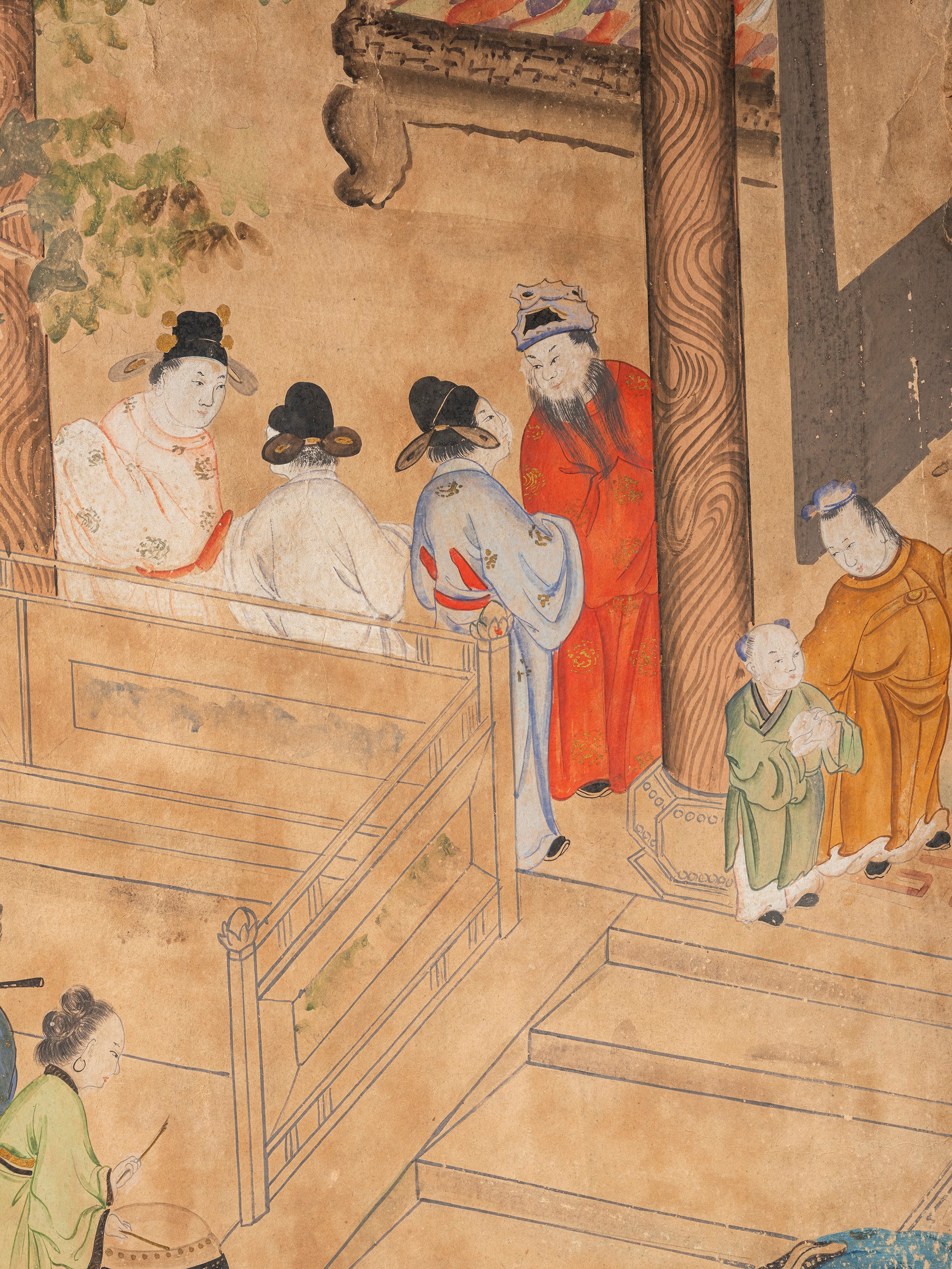 Cina (dinastia Qing, 1644-1911), Set di cinque grandi pannelli in carta dipinta con scene di cort...