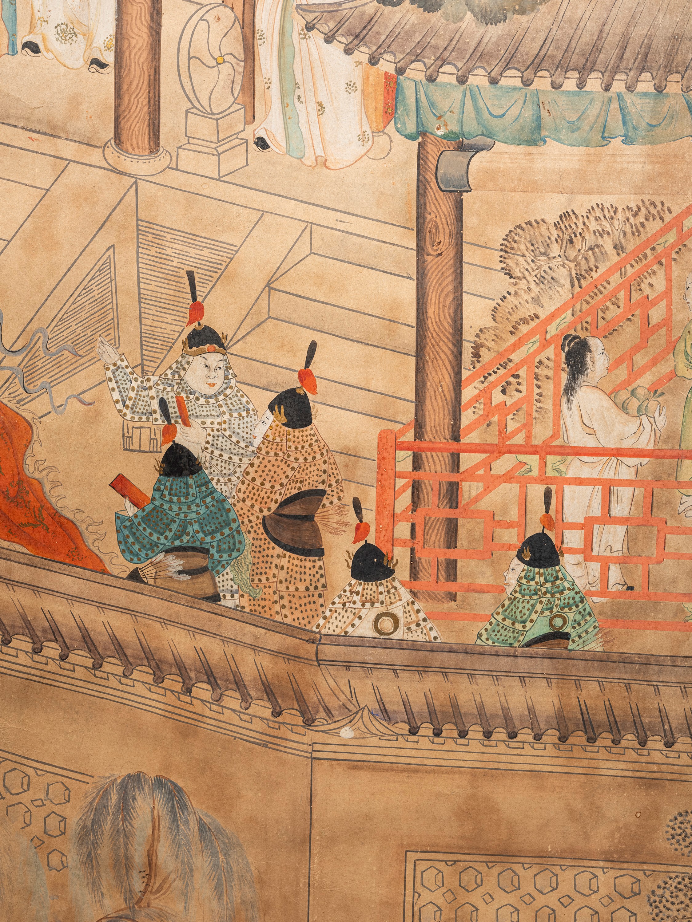 Cina (dinastia Qing, 1644-1911), Set di cinque grandi pannelli in carta dipinta con scene di cort...