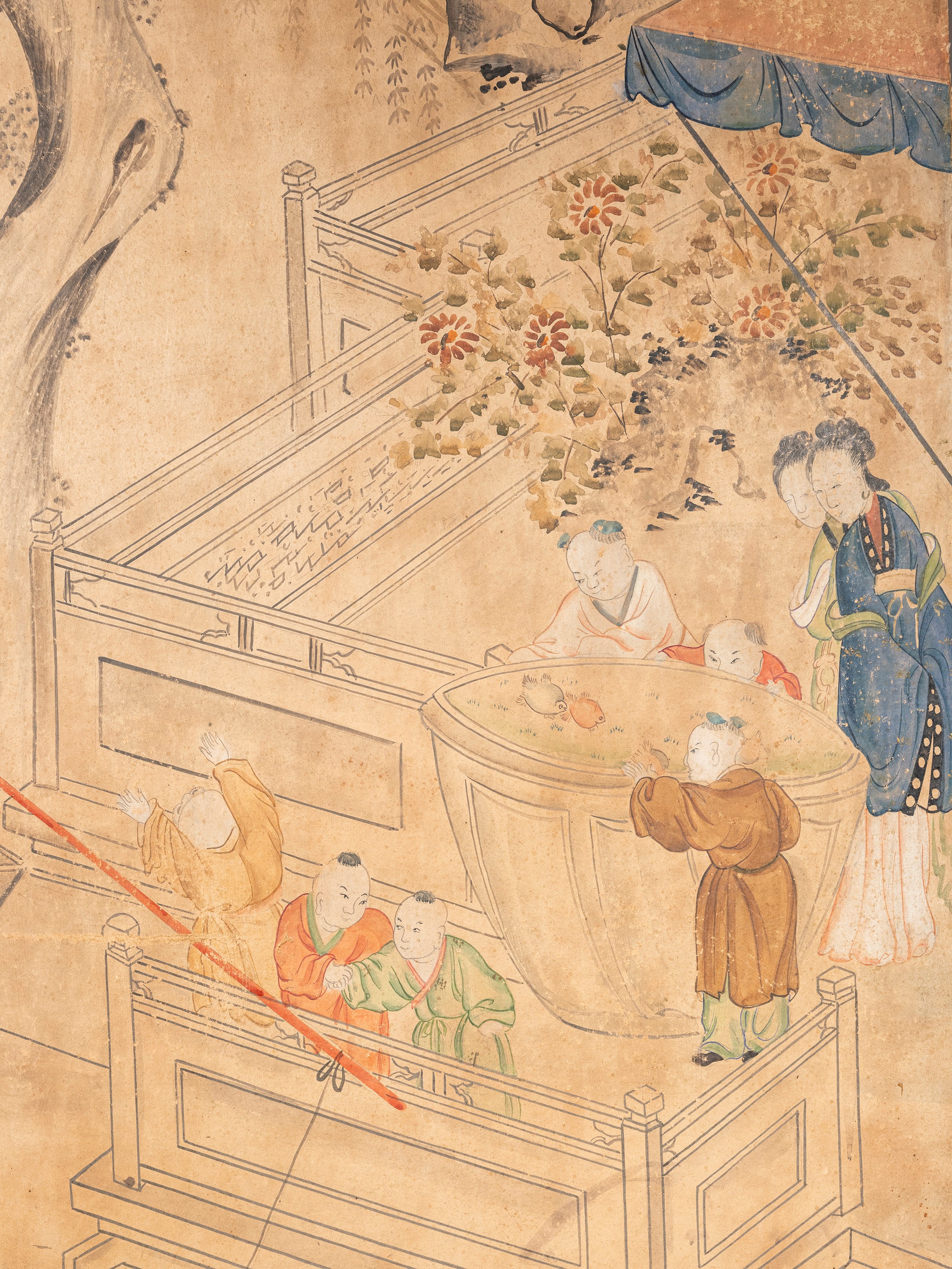 Cina (dinastia Qing, 1644-1911), Set di cinque grandi pannelli in carta dipinta con scene di cort...