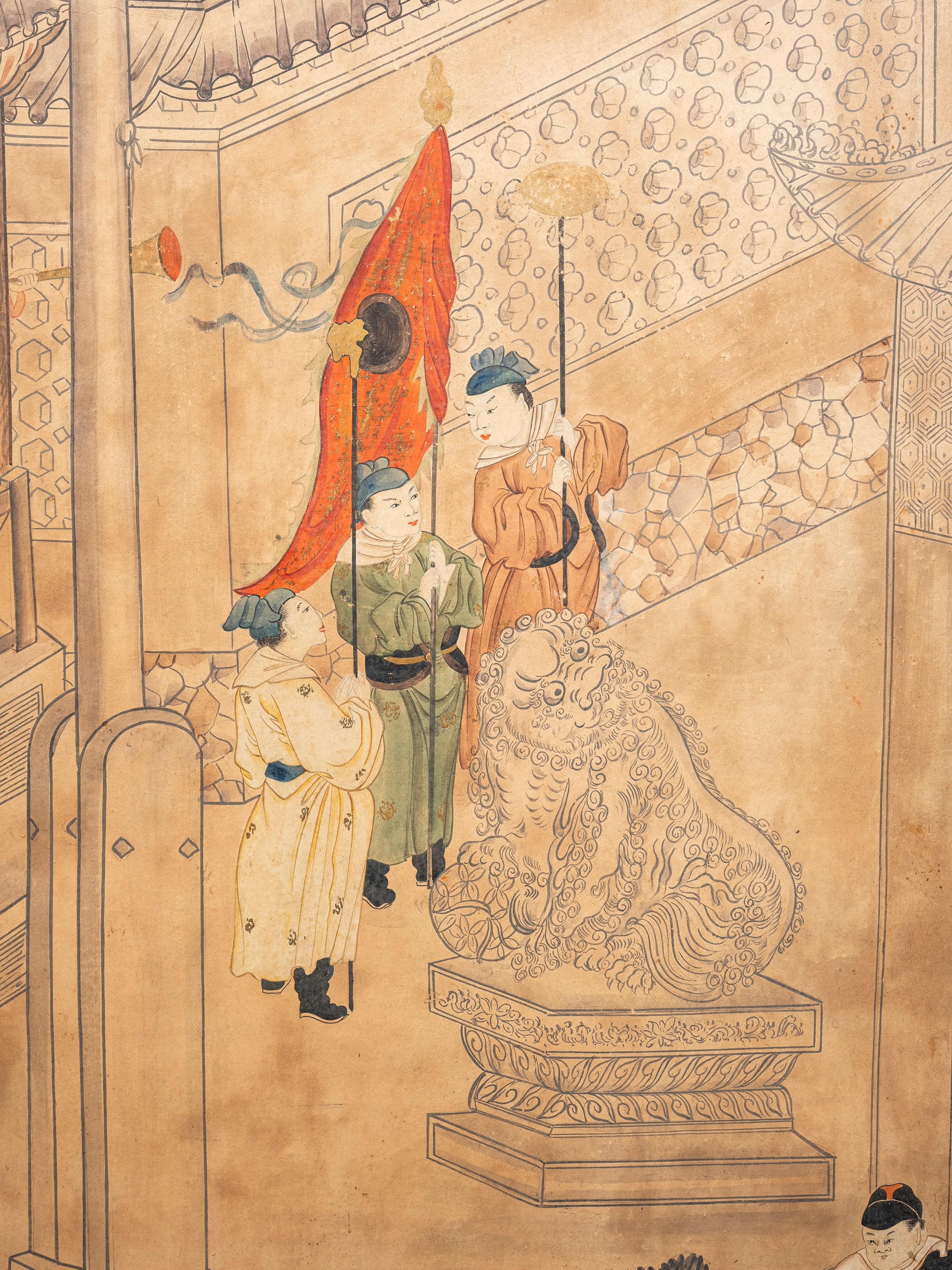 Cina (dinastia Qing, 1644-1911), Set di cinque grandi pannelli in carta dipinta con scene di cort...