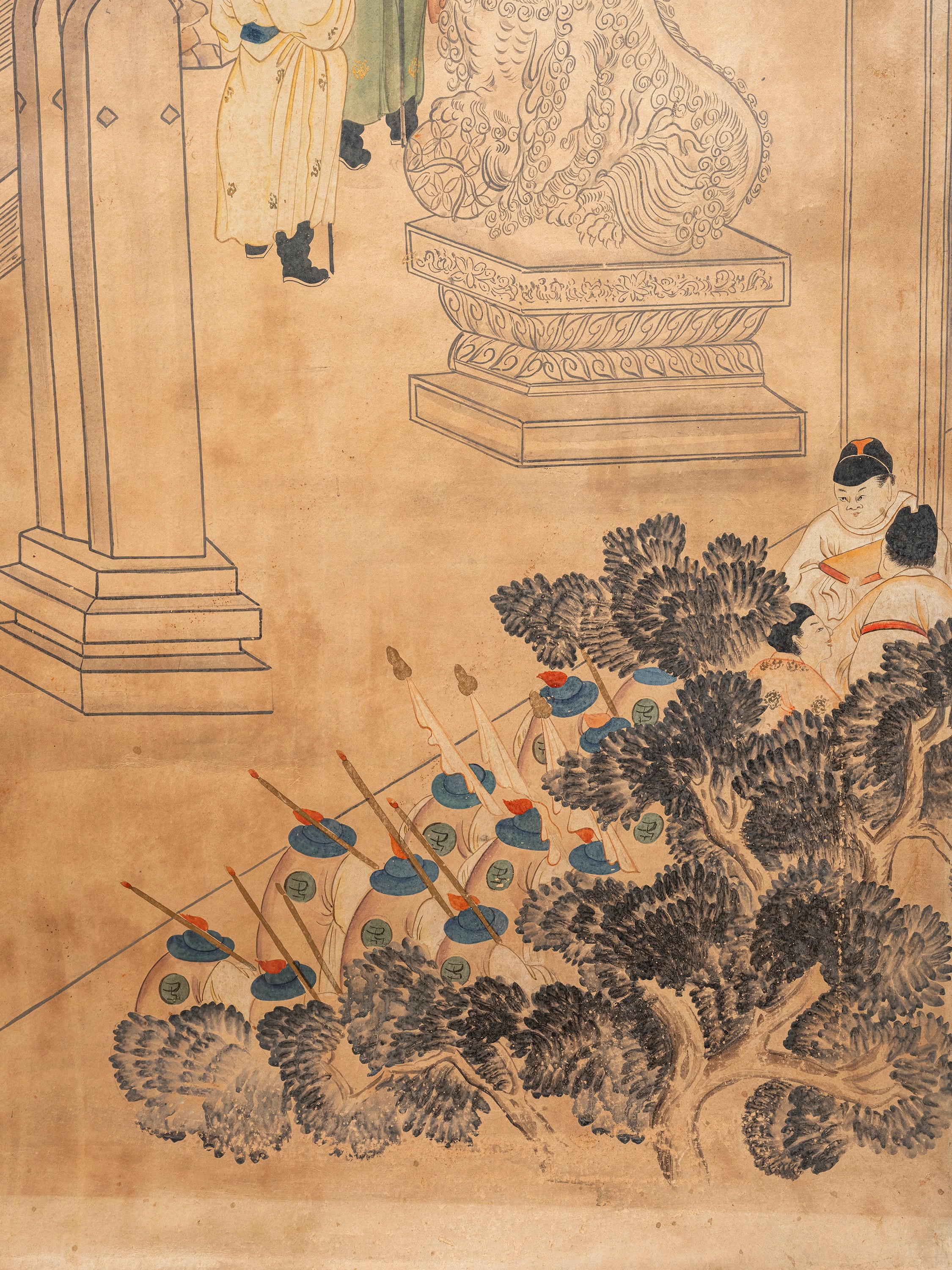 Cina (dinastia Qing, 1644-1911), Set di cinque grandi pannelli in carta dipinta con scene di cort...
