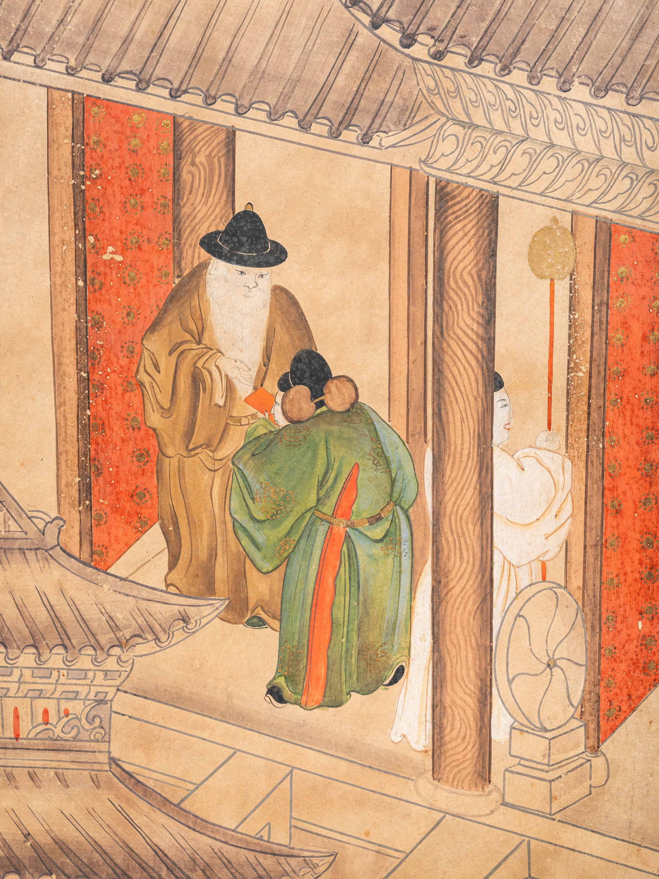 Cina (dinastia Qing, 1644-1911), Set di cinque grandi pannelli in carta dipinta con scene di cort...
