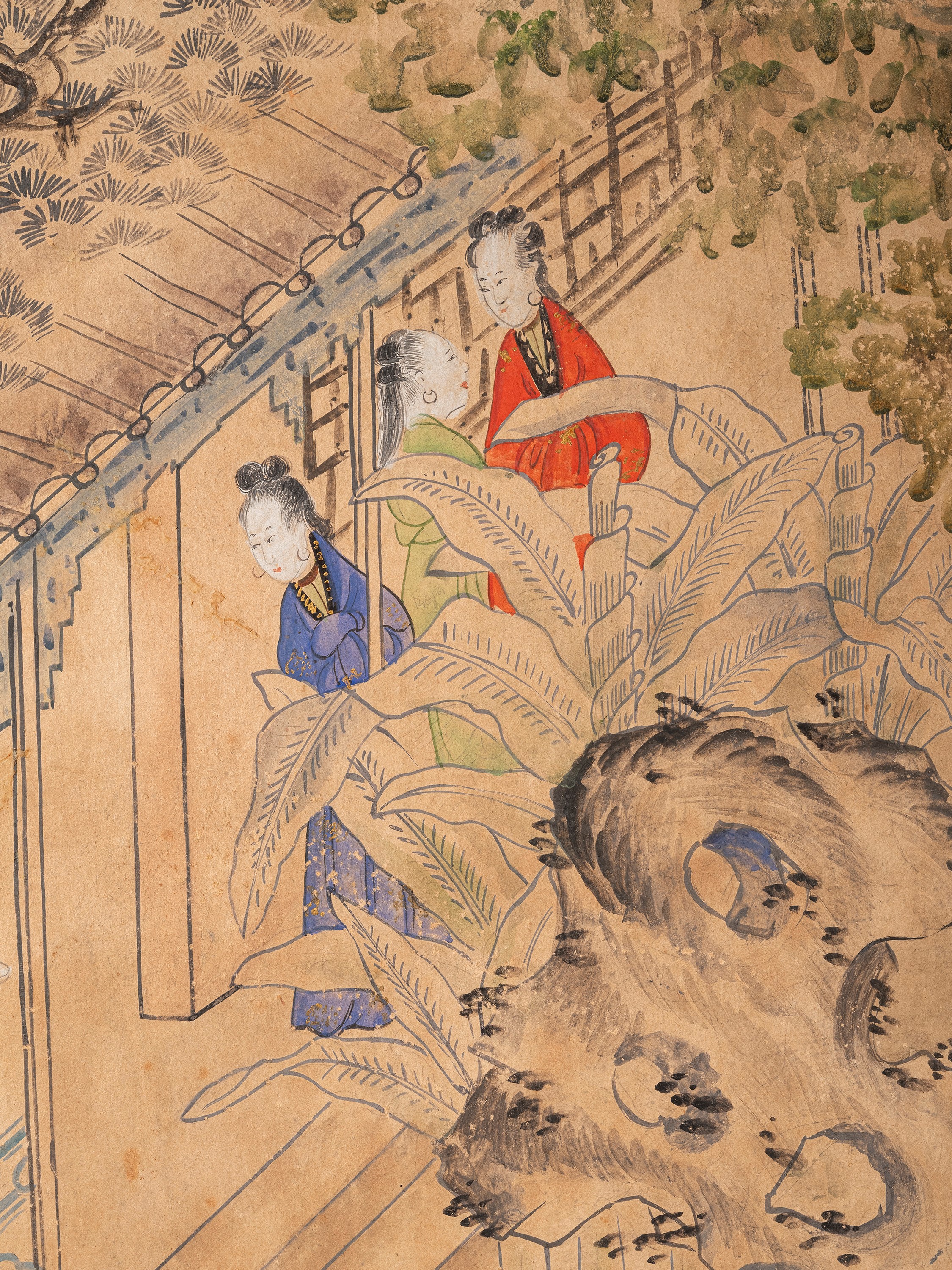 Cina (dinastia Qing, 1644-1911), Set di cinque grandi pannelli in carta dipinta con scene di cort...