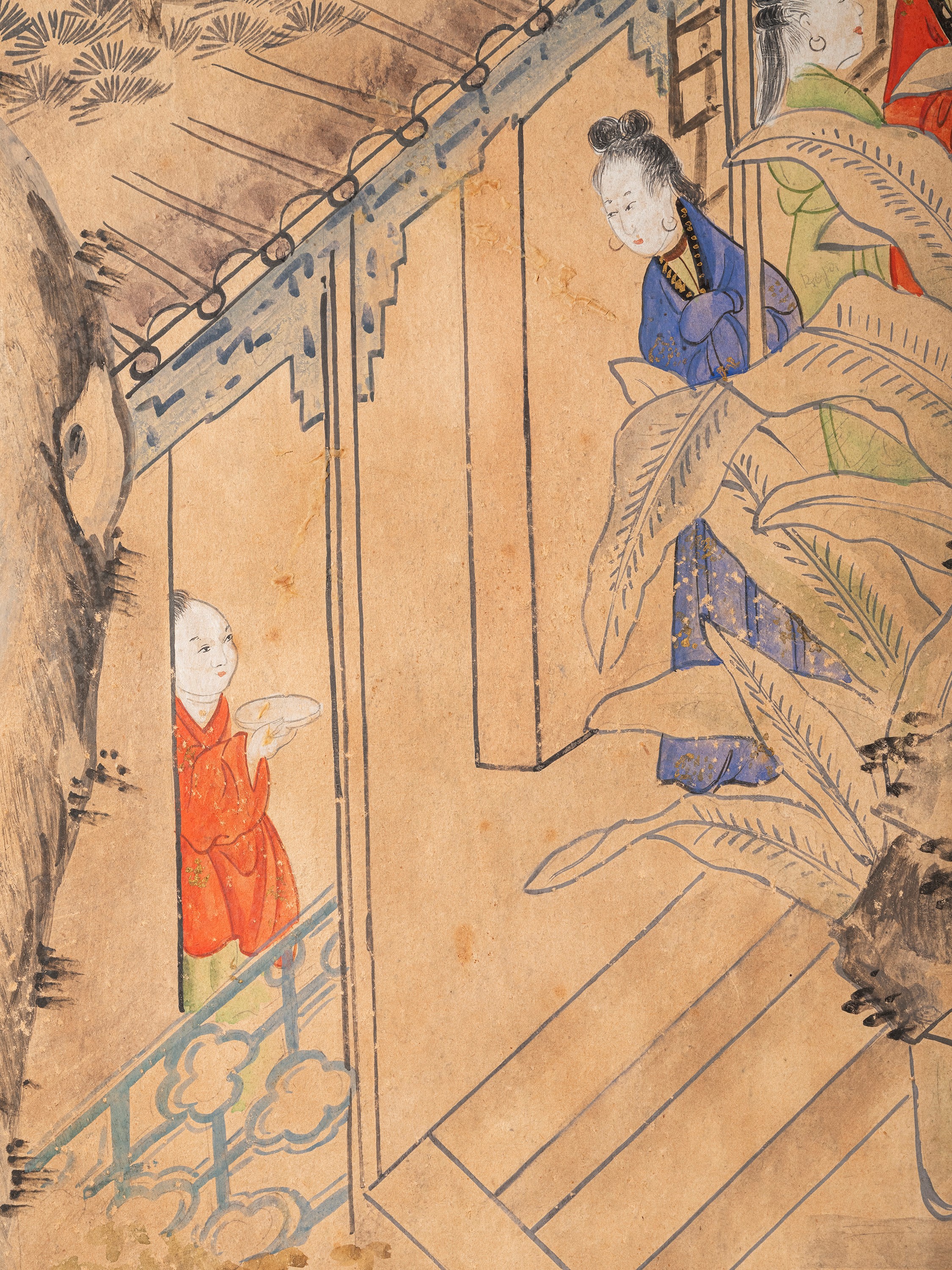 Cina (dinastia Qing, 1644-1911), Set di cinque grandi pannelli in carta dipinta con scene di cort...