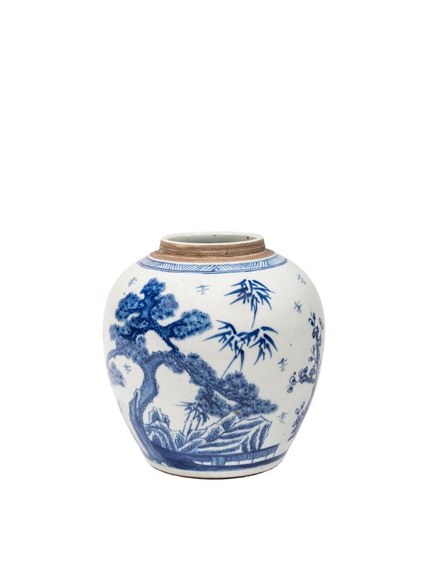 A BLUE AND WHITE 'THREE FRIENDS OF WINTER' GINGER JAR