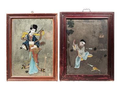 Cina, Due specchi dipinti, raffiguranti dama e bambino, XIX secolo