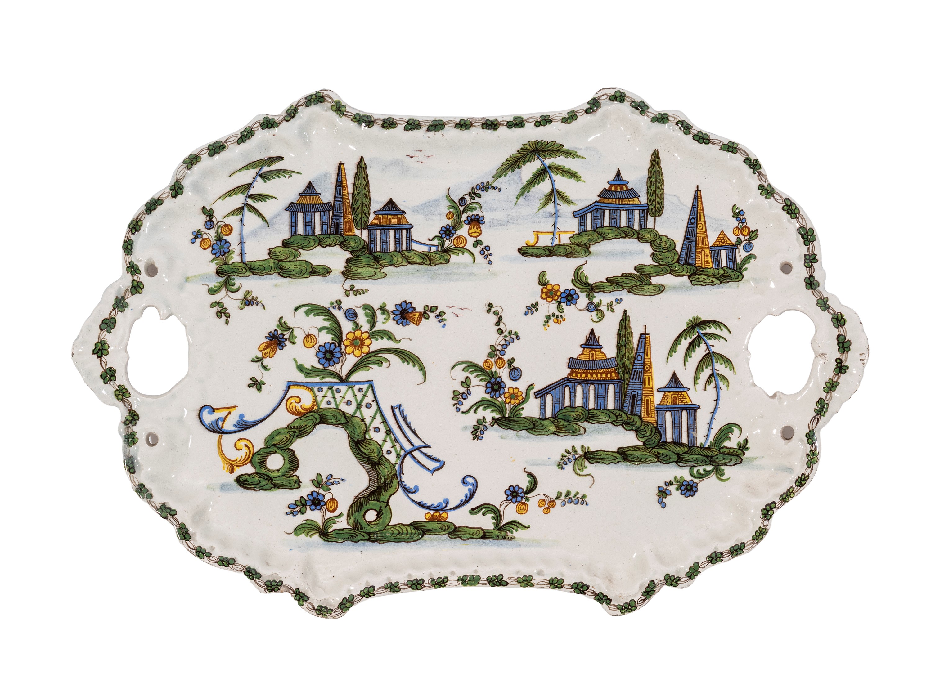 Fabbrica Antonibon, Vassoio mistilineo e cinque piatti in maiolica a paesaggi “al ponticello” (XV...