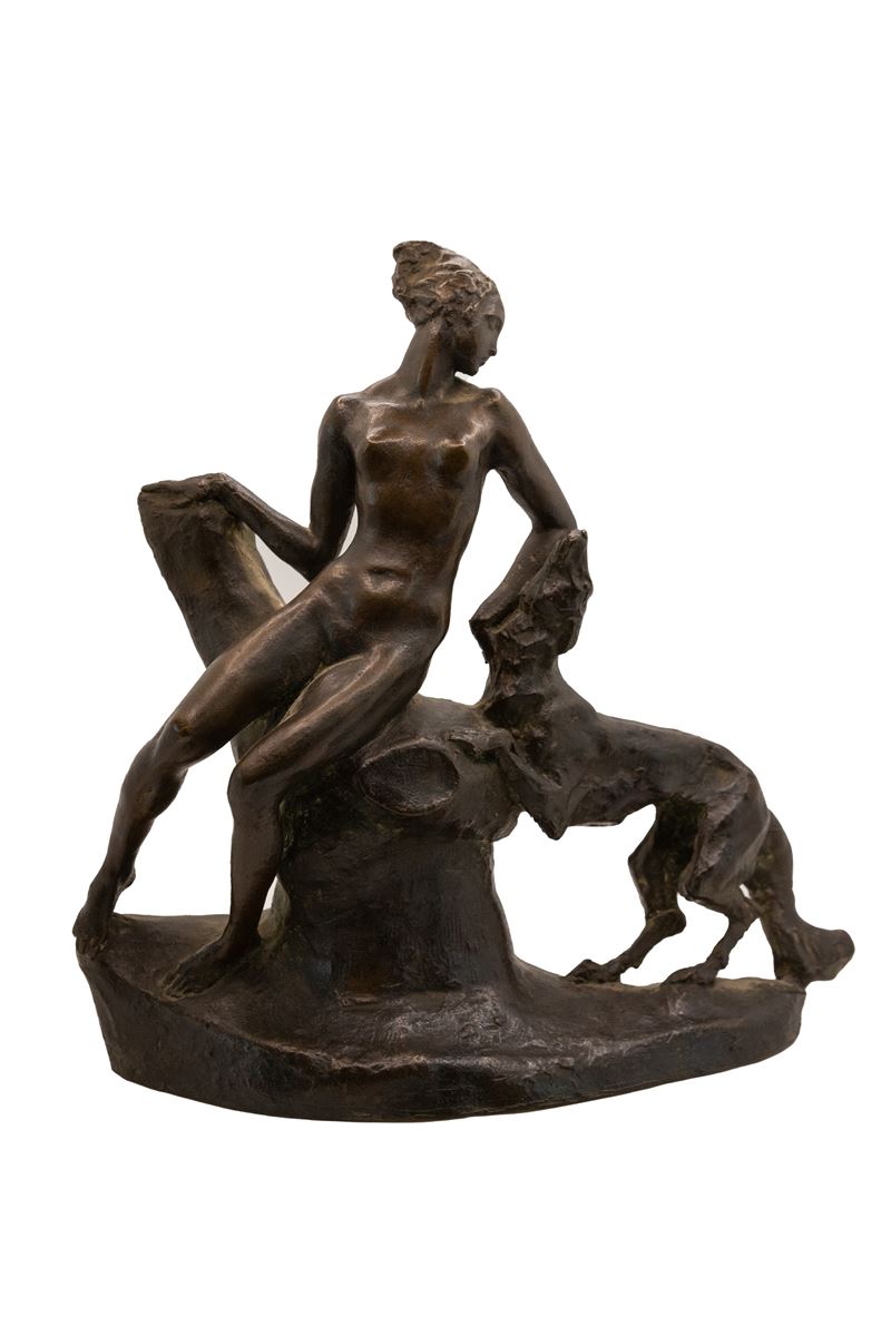 °SCULTURA IN BRONZO RAFFIGURANTE DONNA CON CANE