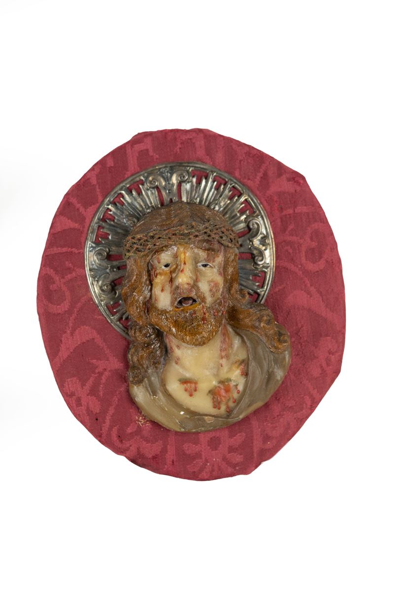 °CEROPLATICA RAFFIGURANTE TESTA CRISTO FLAGELLATO CON AUREOLA IN ARGENTO