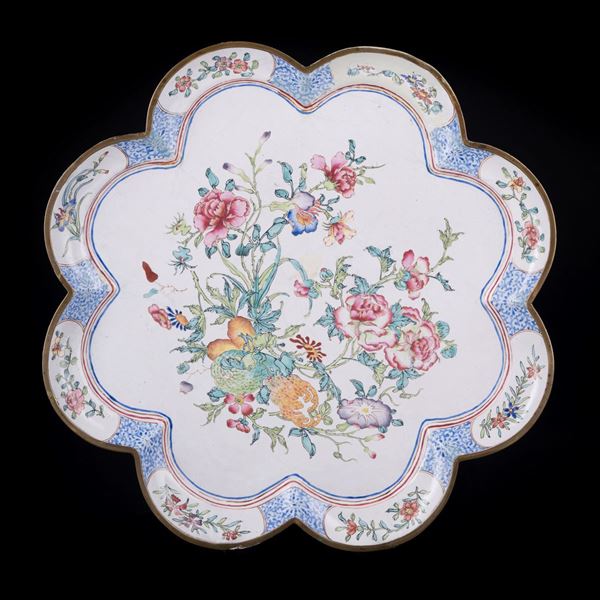 A LOBED ENAMEL ON COPPER DISH
