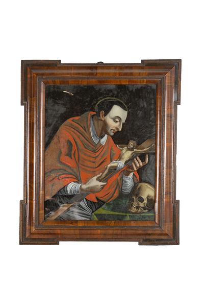 Dipinto su vetro, Raffigurazione di San Carlo Borromeo, secolo XIX