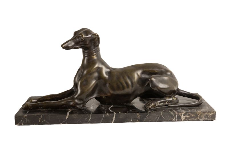 °SCULTURA IN BRONZO RAFFIGURANTE LEVRIERO SU BASE IN MARMO