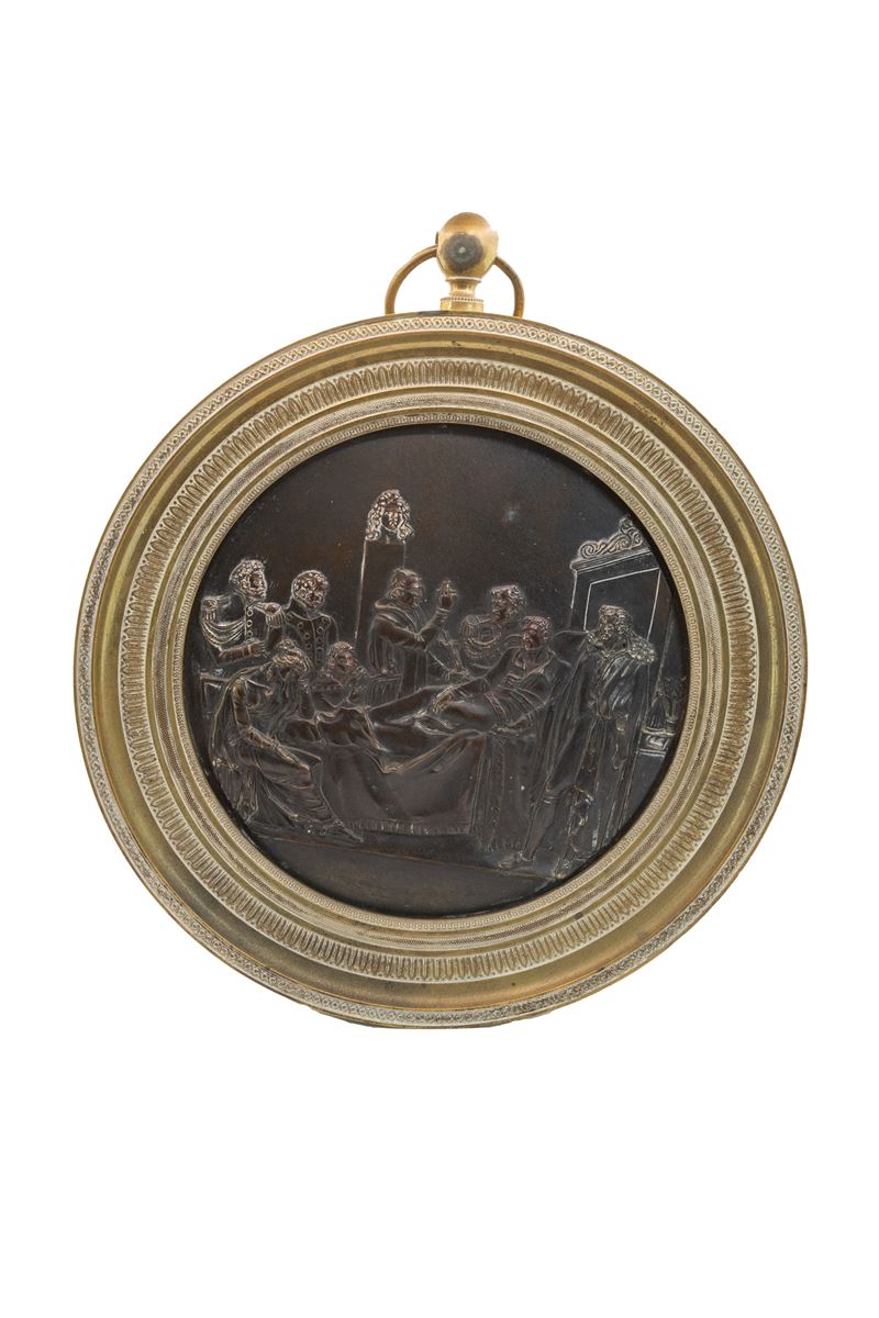 °PLACCA CIRCOLARE IN BRONZO DECORATA A BASSORILIEVO
