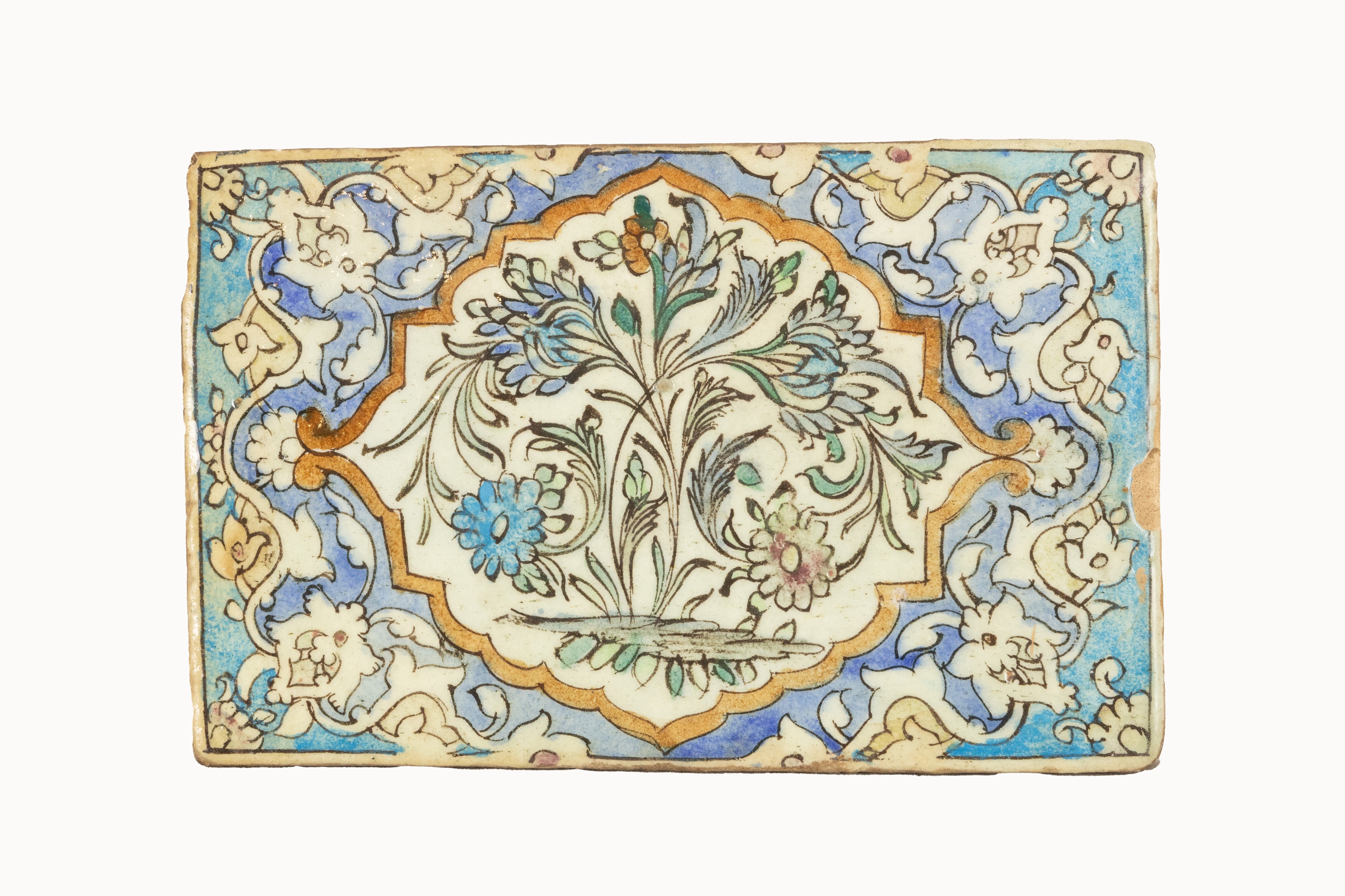 Piastra in terracotta smaltata, decorazione a motivi floreali, Persia, XIX secolo