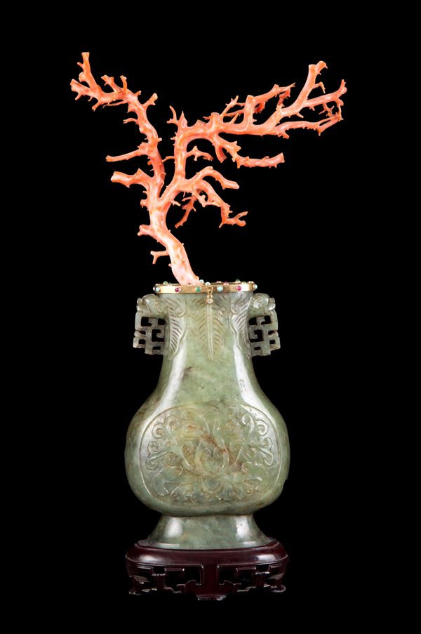A GREEN JADE VASE AND CORAL BRANCH