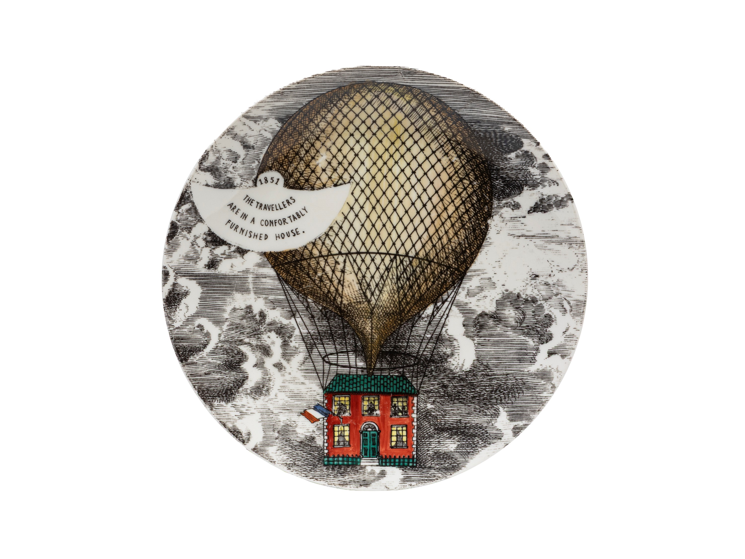 Piero Fornasetti - Piatto da parete “Mongolfiere” (serie), porcellana serigrafata e dipinta