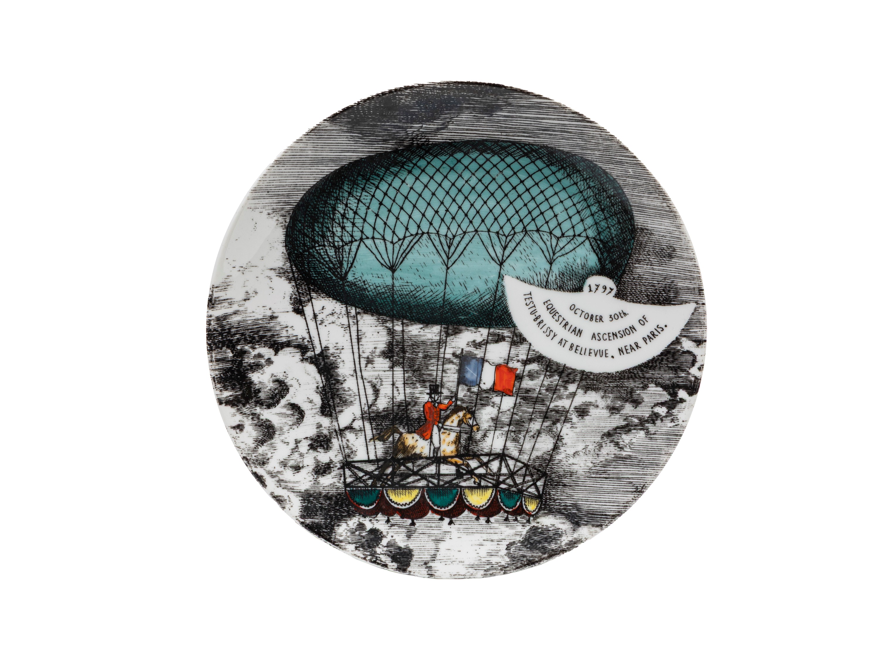 Piero Fornasetti - Piatto da parete “Mongolfiere” (serie), porcellana serigrafata e dipinta