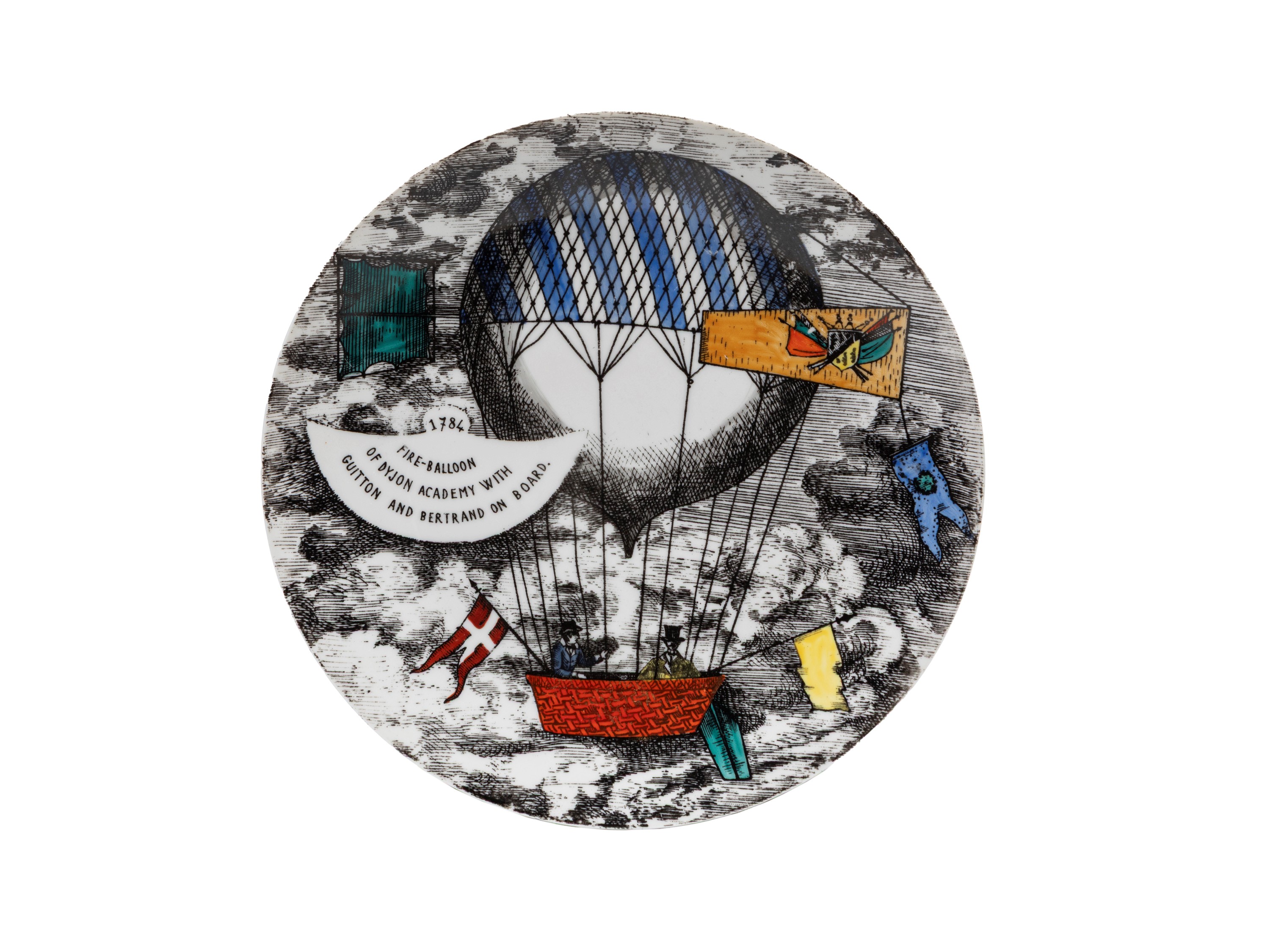 Piero Fornasetti - Piatto da parete “Mongolfiere” (serie), porcellana serigrafata e dipinta