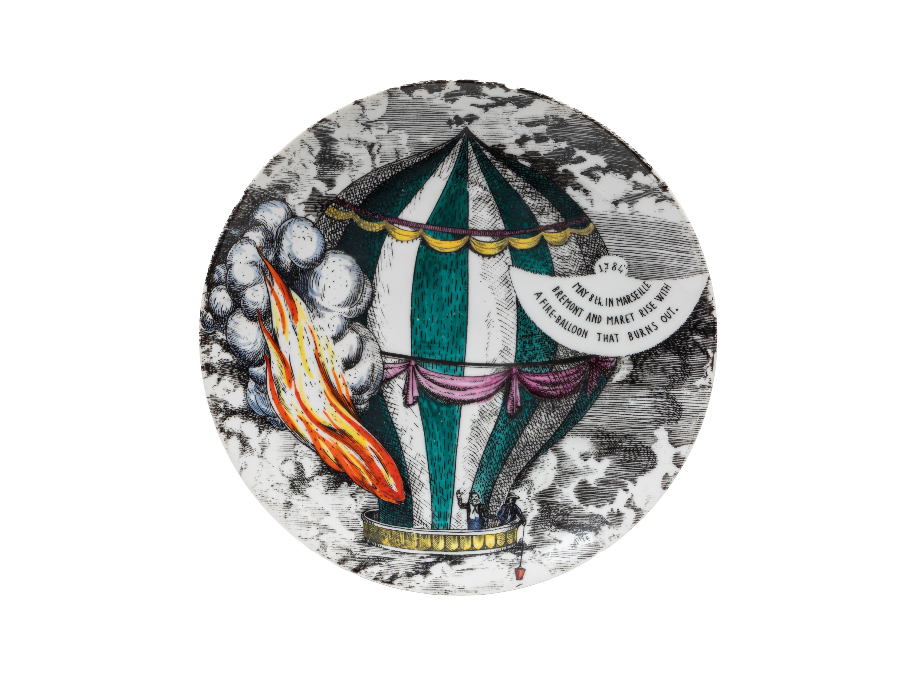 Piero Fornasetti - Piatto da parete “Mongolfiere” (serie), porcellana serigrafata e dipinta