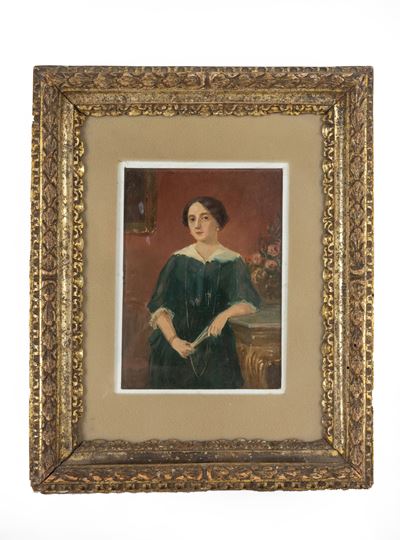 Ritratto di donna entro cornice, olio su cartoncino (Secolo XIX)