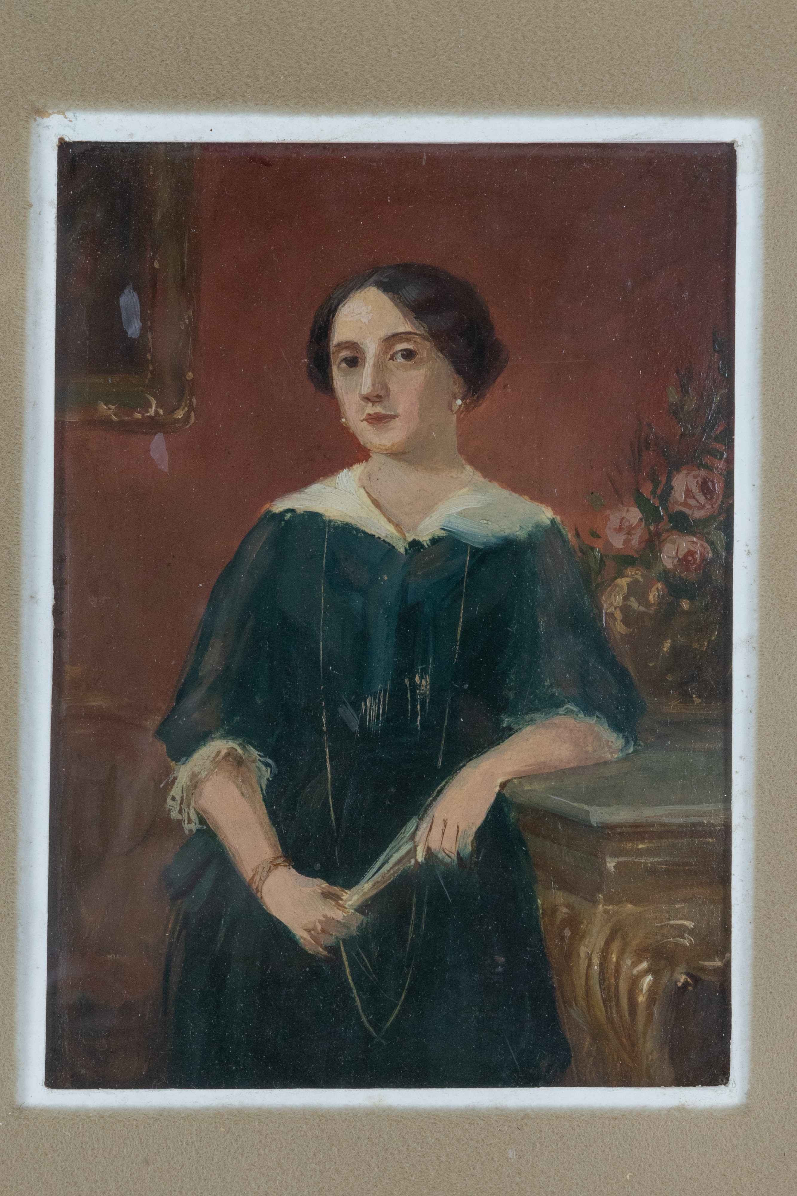 Ritratto di donna entro cornice, olio su cartoncino (Secolo XIX)