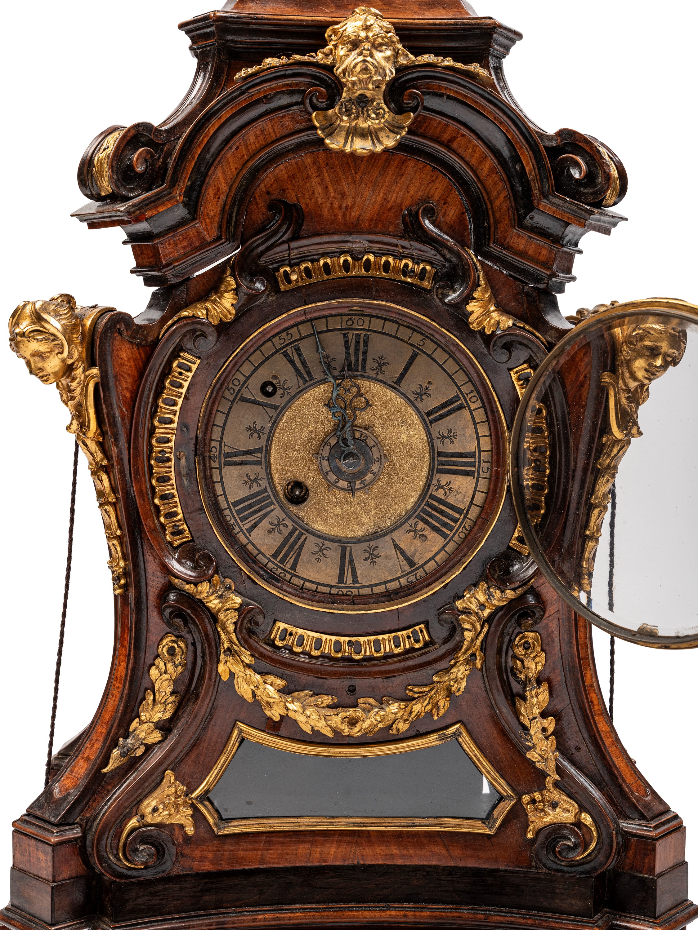 Pendola antica in legno, cassa in noce e palissandro con applicazioni in bronzo dorato al mercuri...