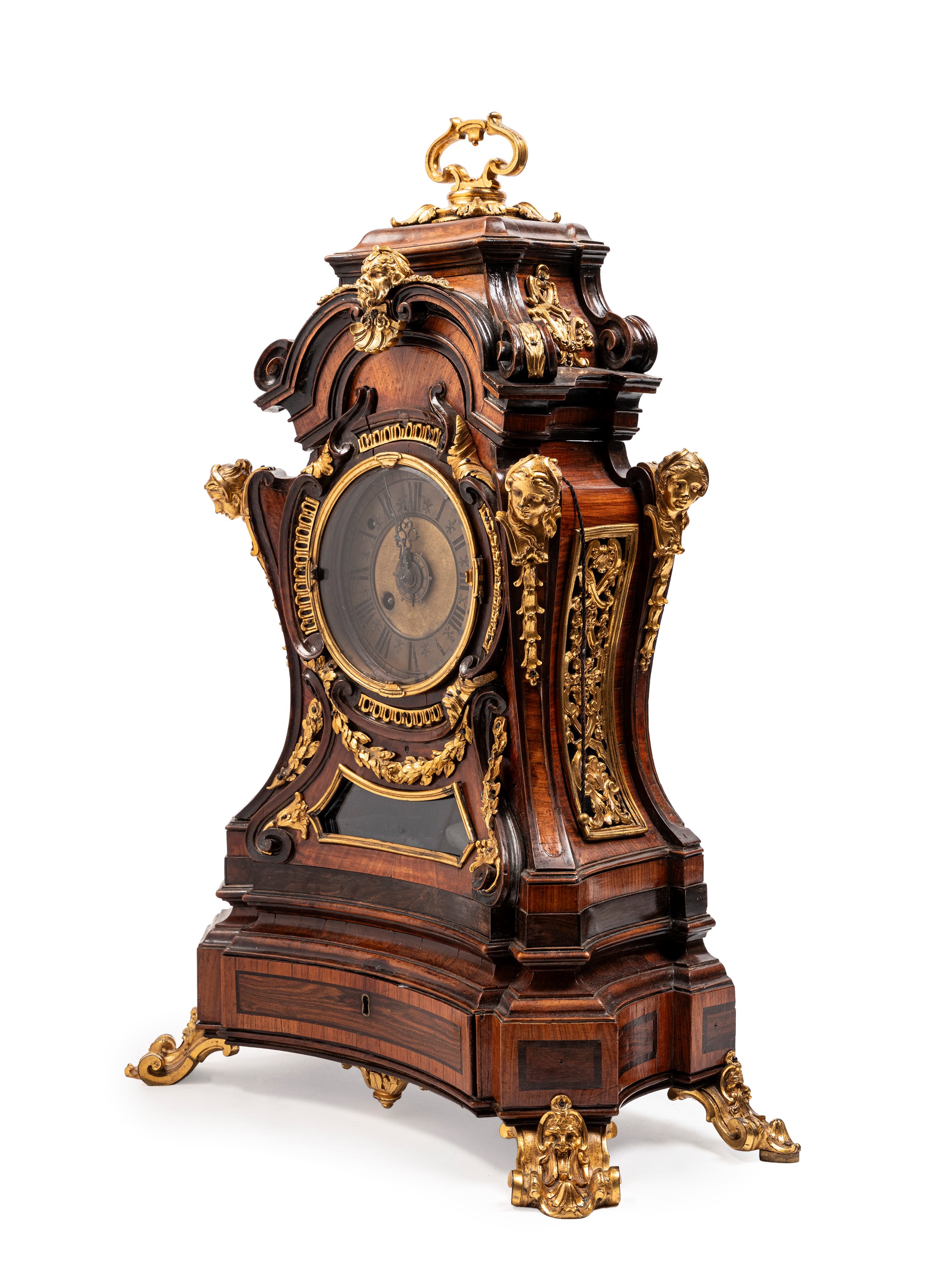 Pendola antica in legno, cassa in noce e palissandro con applicazioni in bronzo dorato al mercuri...