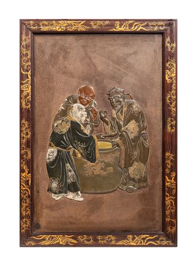 Giappone (periodo Meiji), Pannello in metallo e lacca con decorazioni in takamaki-e e oro