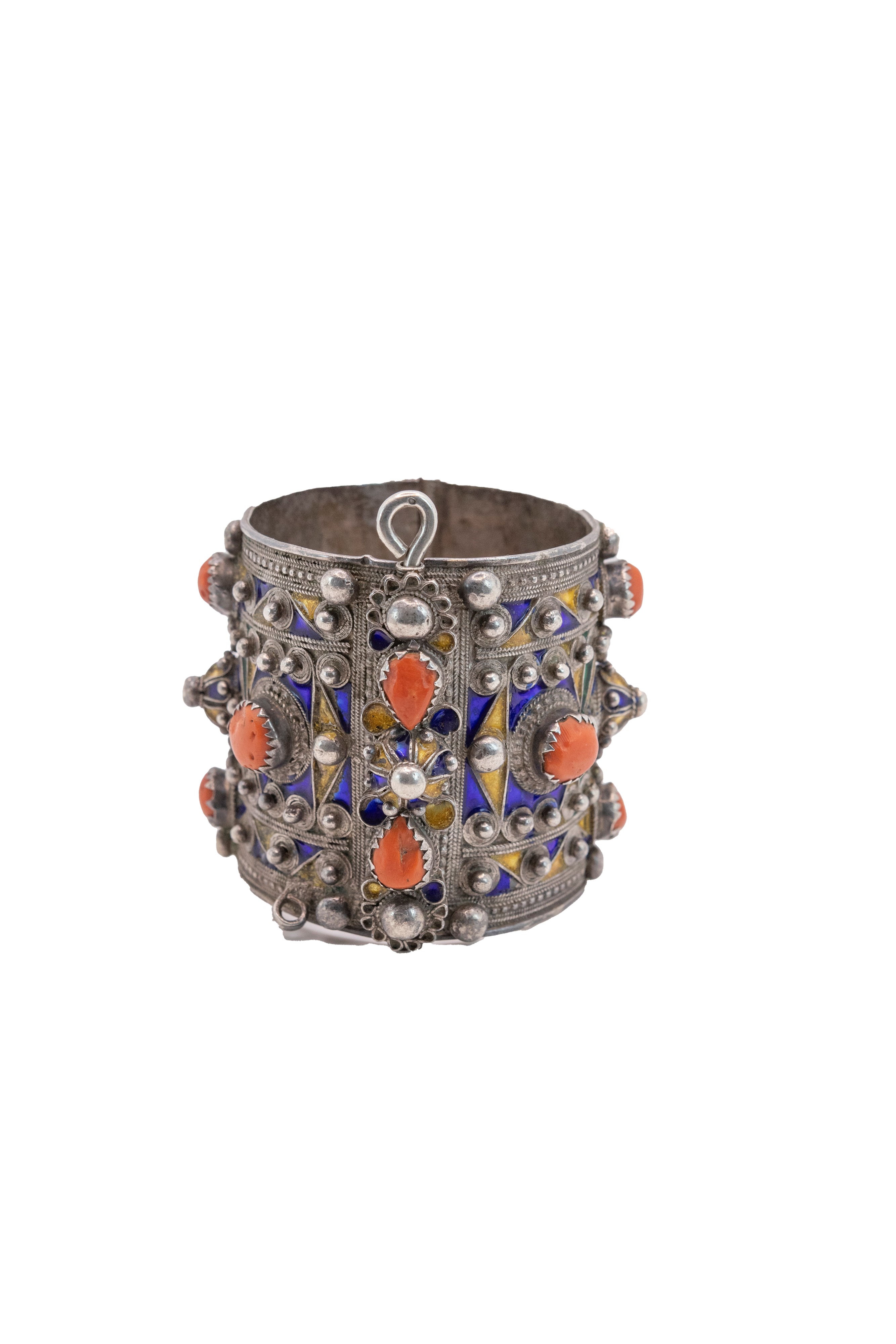 Bracciale berbero in argento, smalti policromi e coralli incastonati