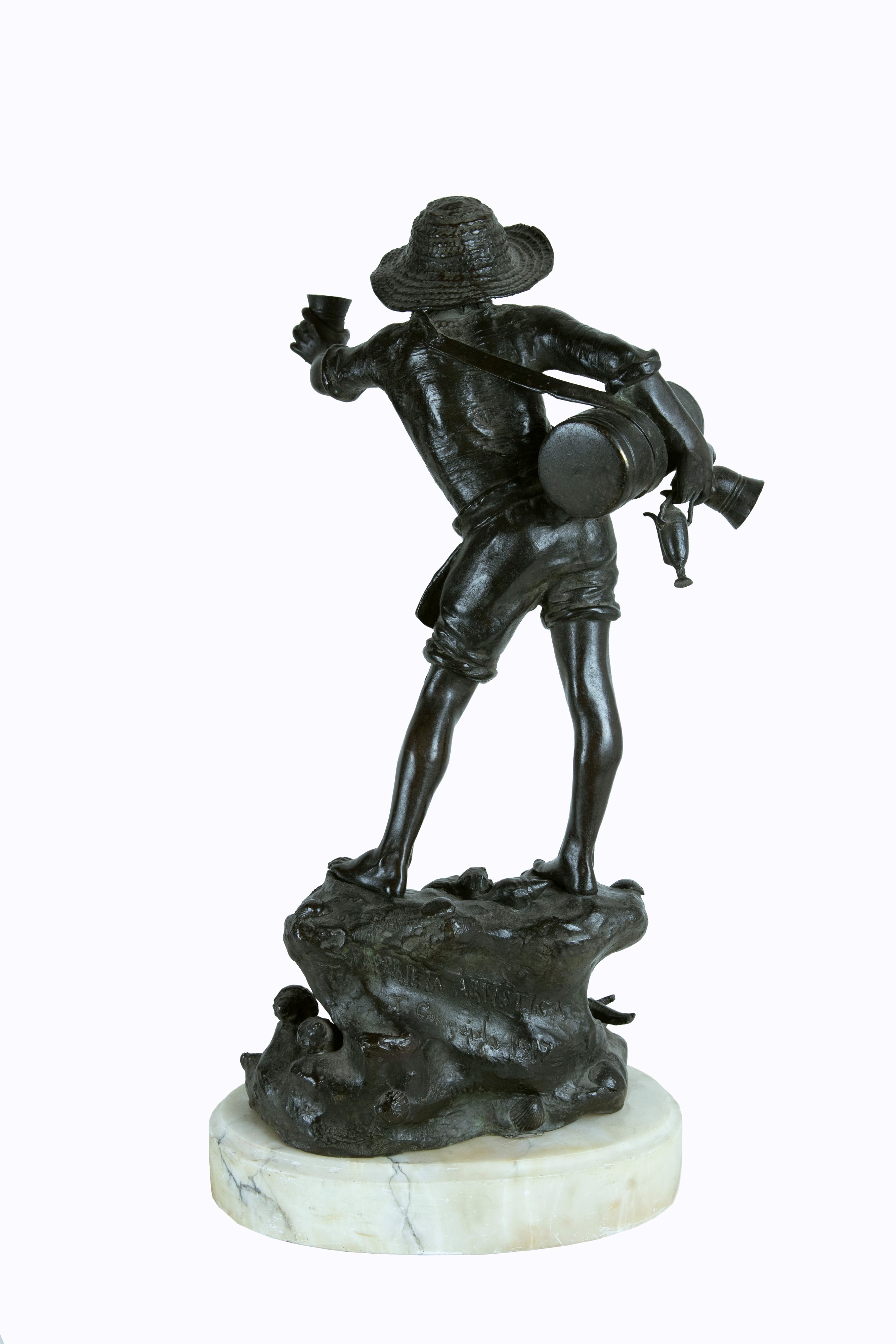°SCULTURA IN BRONZO A PATINA RAFFIGURANTE GIOVANE ACQUAIOLO SU BASE IN MARMO