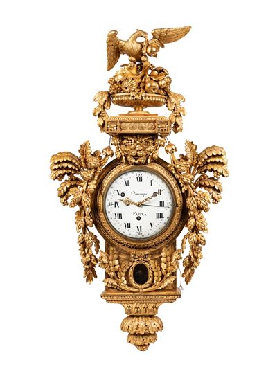 Francesco Bolgiè (attrib.), Orologio cartel, cassa in legno dorato a foglia, XVIII secolo