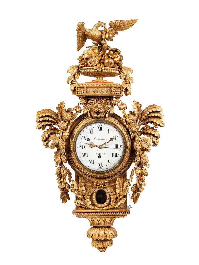 Francesco Bolgiè (attrib.), Orologio cartel, cassa in legno dorato a foglia, XVIII secolo