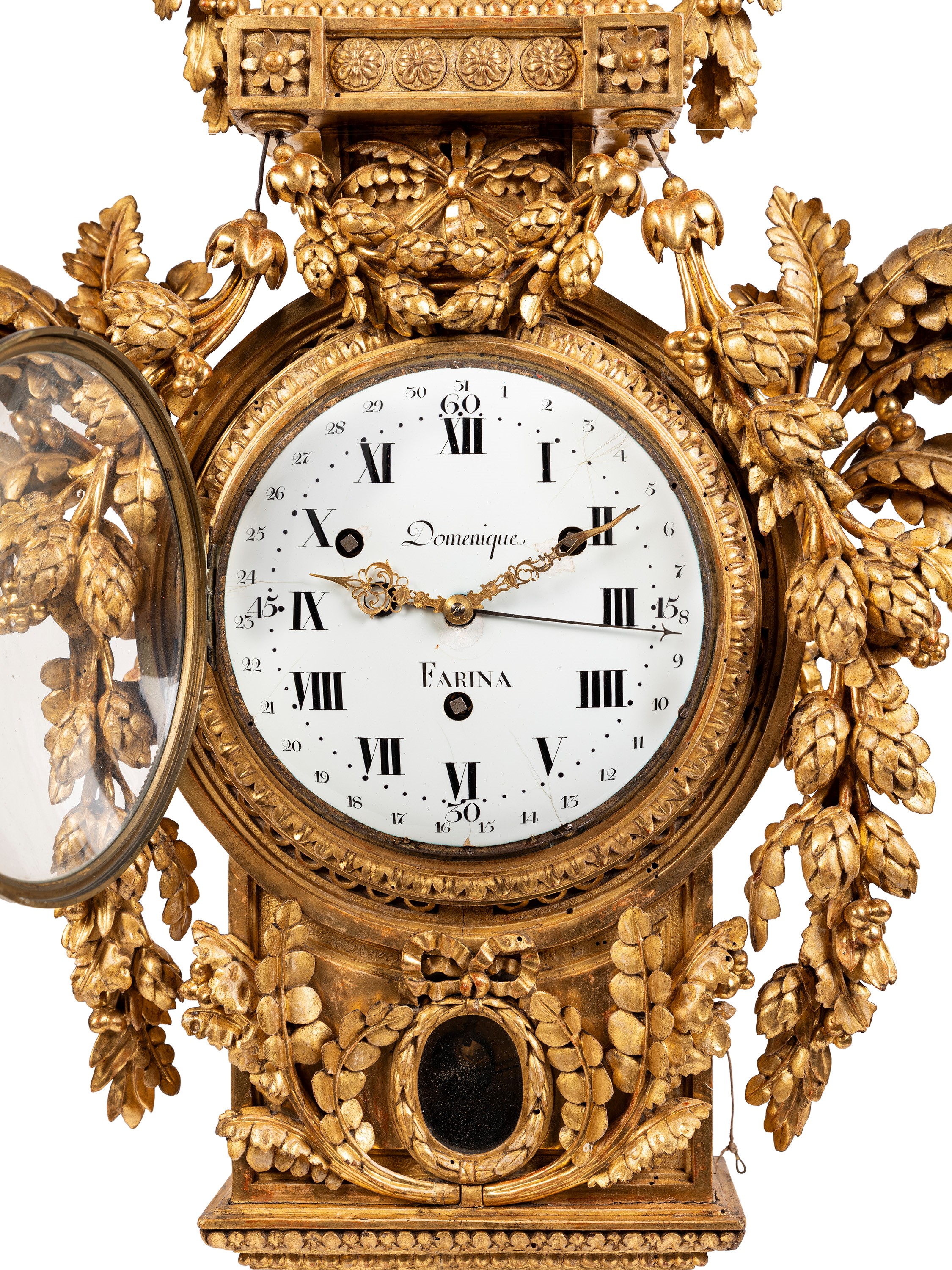 Francesco Bolgiè (attrib.), Orologio cartel, cassa in legno dorato a foglia, XVIII secolo
