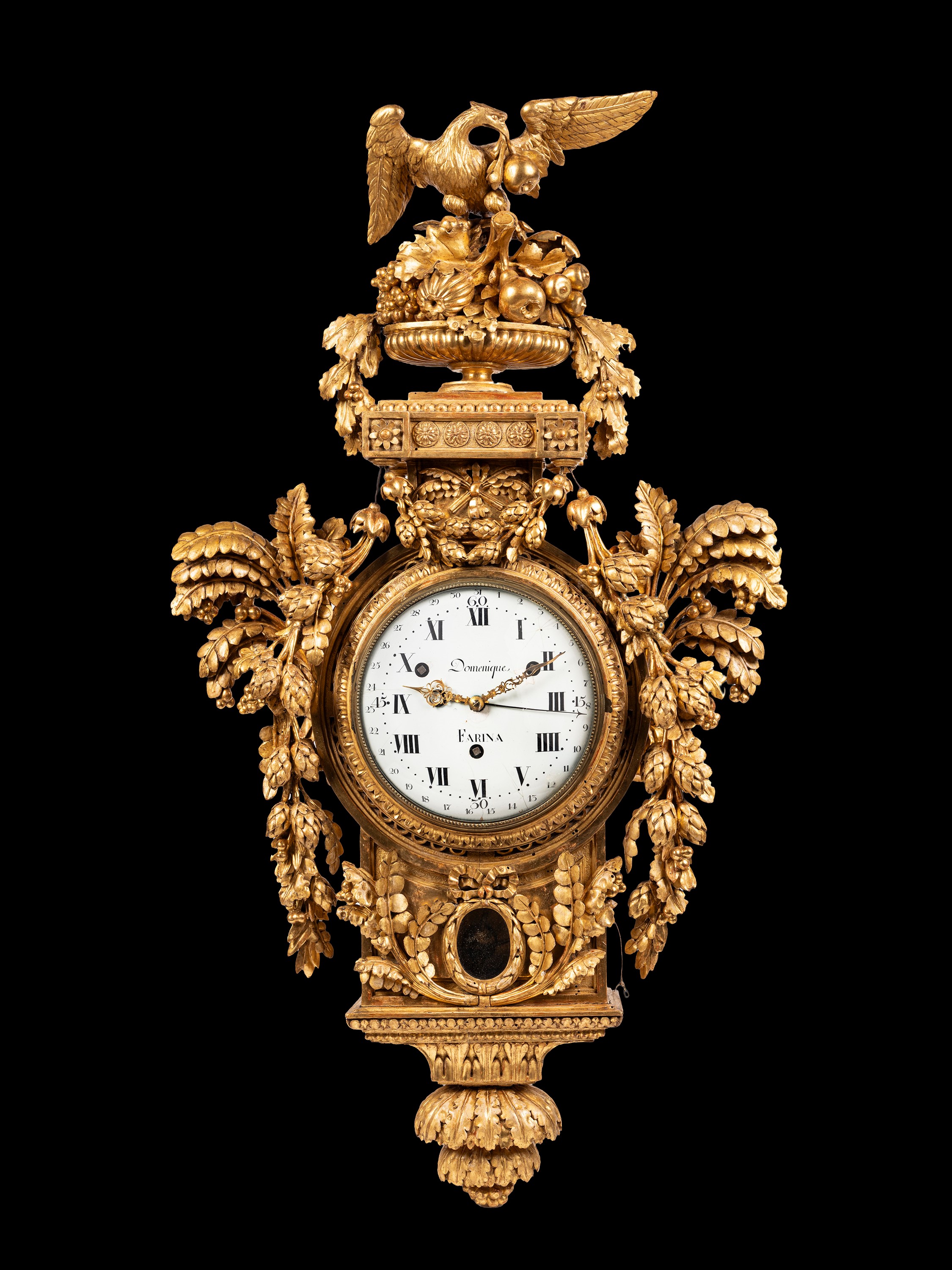 Francesco Bolgiè (attrib.), Orologio cartel, cassa in legno dorato a foglia, XVIII secolo